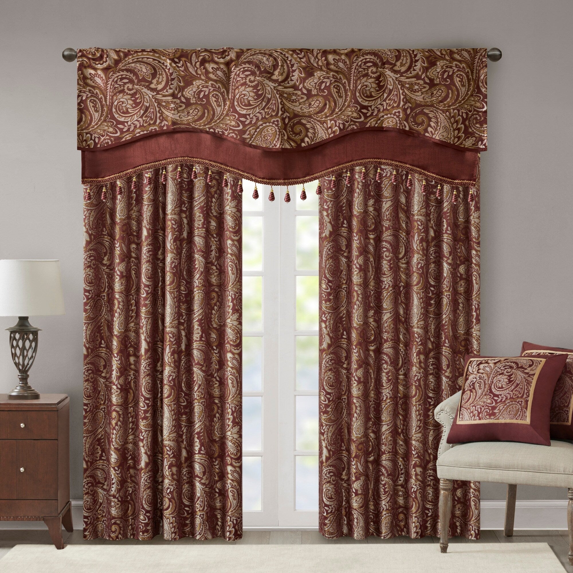 Madison Park Whitman Jacquard Window Rod Pocket Valance with Beads - 50 x 18