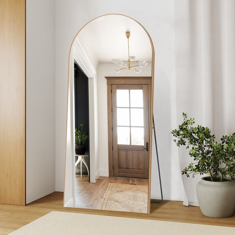 Modern Glam Wood Frame Arched Full-length Floor Mirror for Bedroom,Entryway