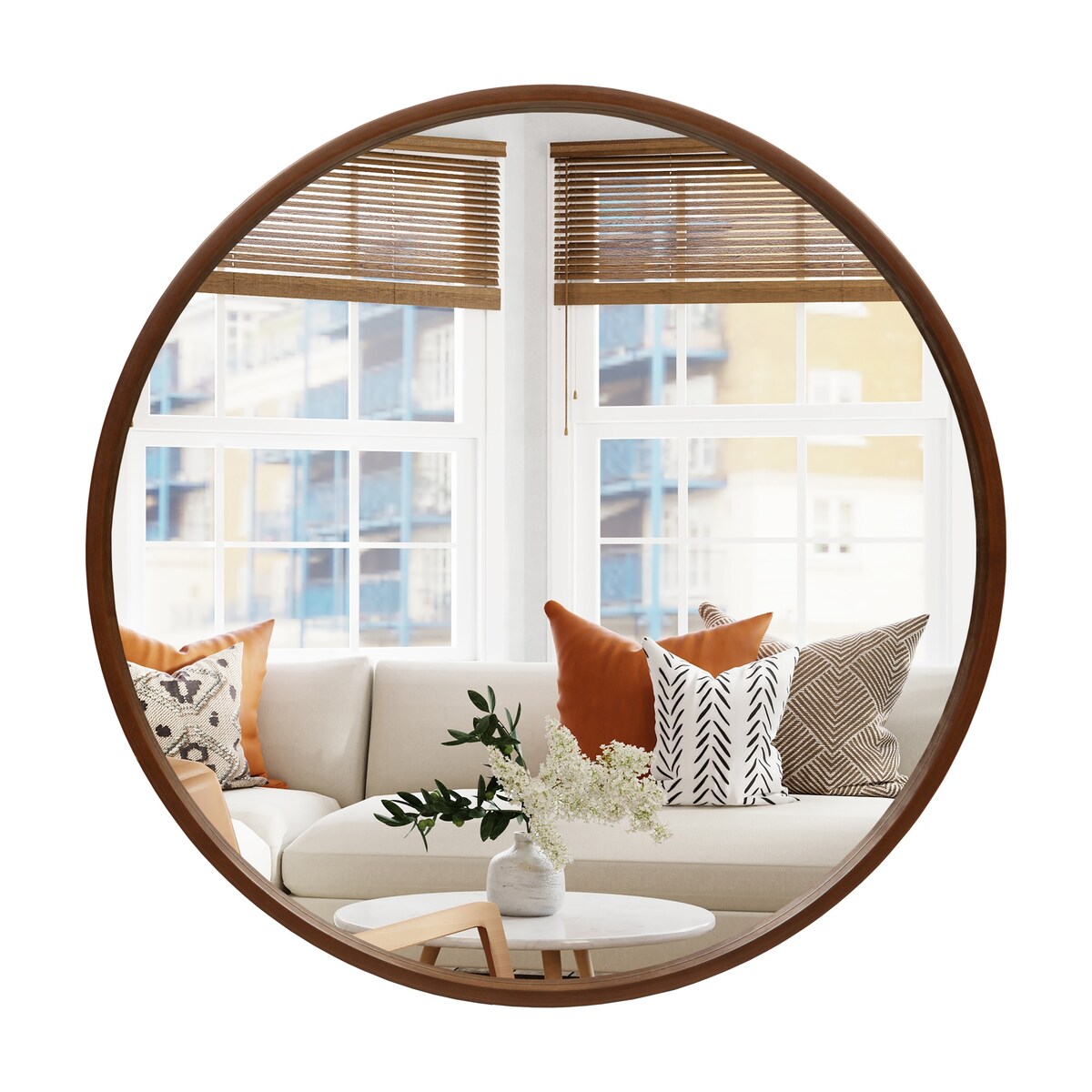 Classic Wooden Frame Farmhouse Round Wall Mirror