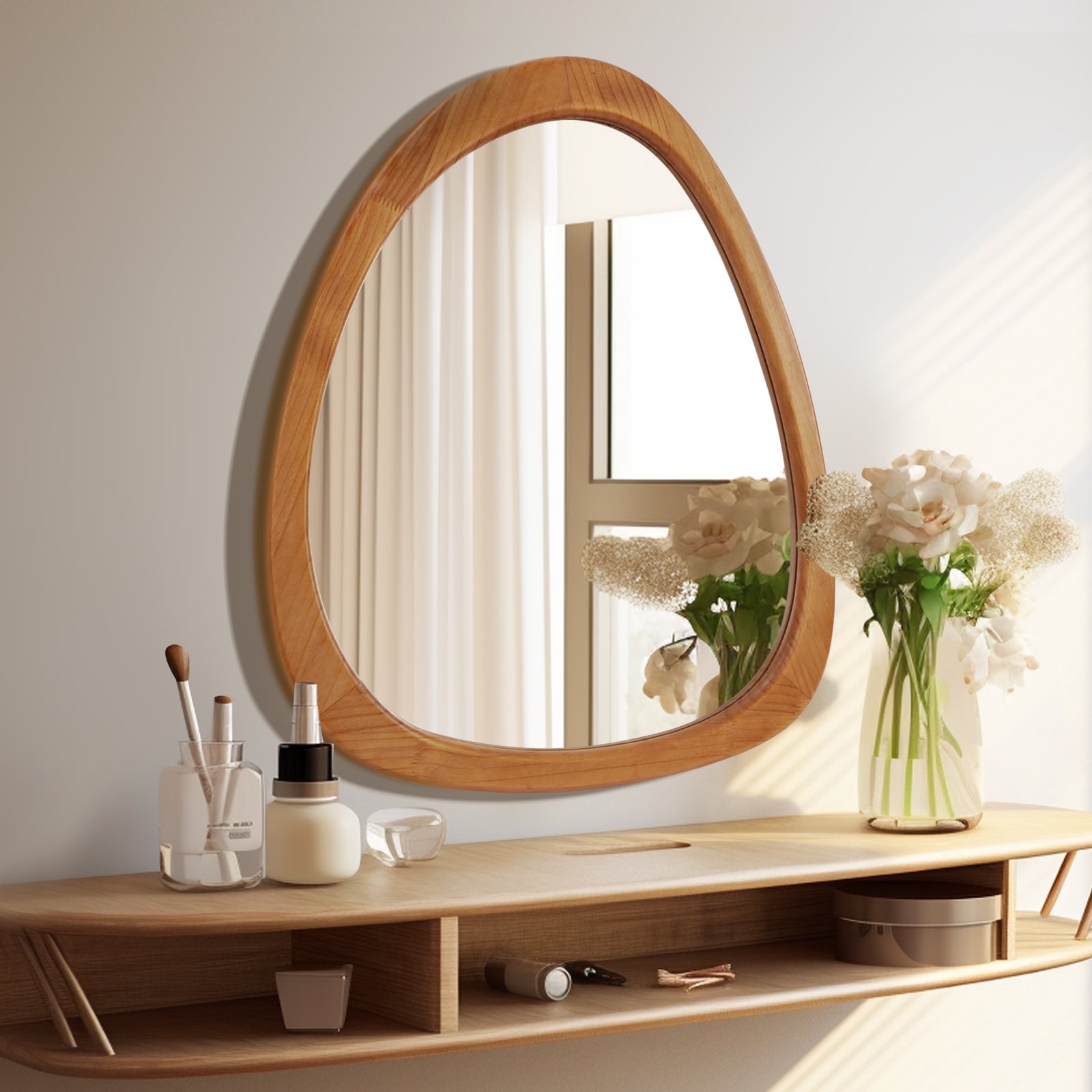 Pine Wooden Frame Asymmetrical Cobblestone Shaped Wall Mirror