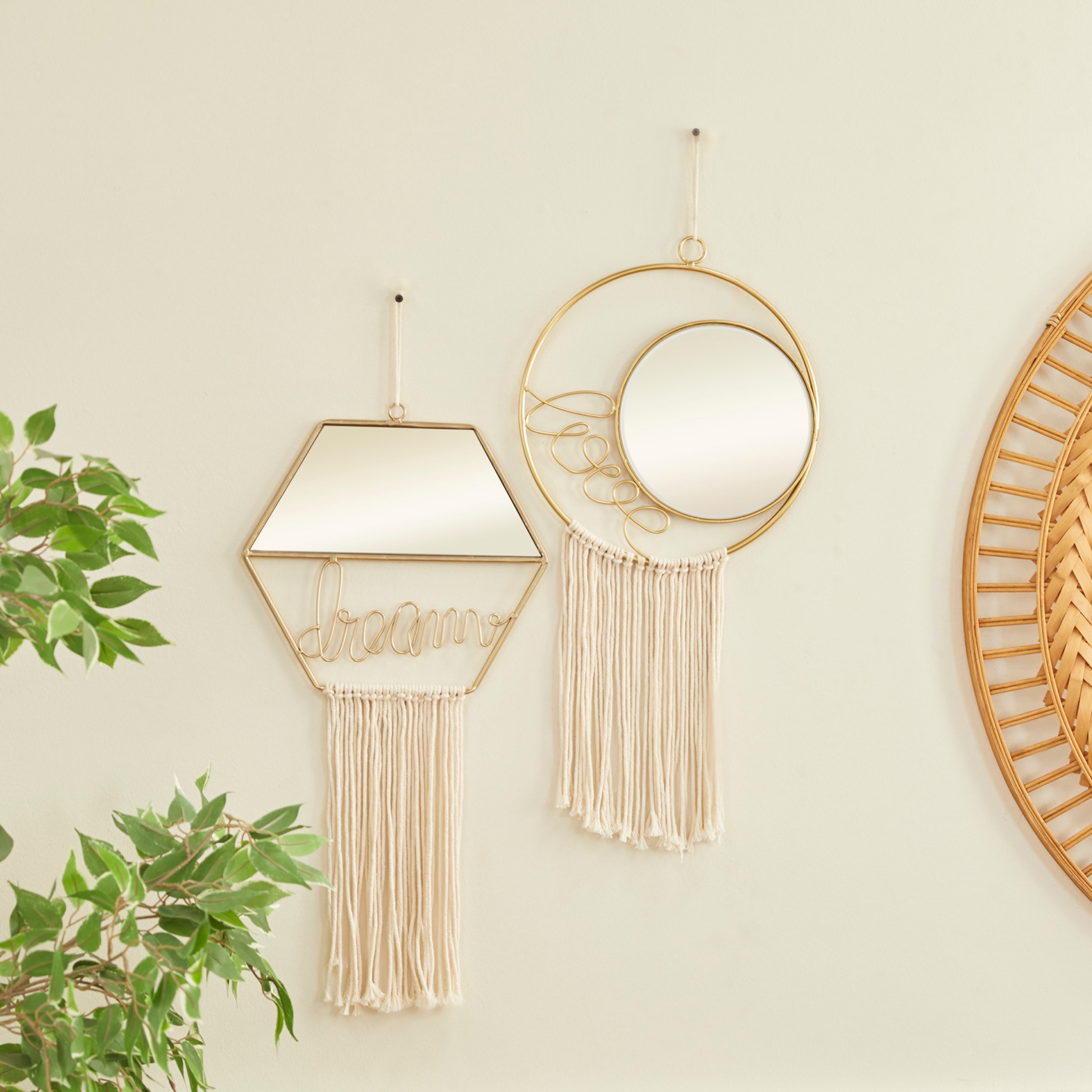 Gold Metal Handmade Dream, Love Wall Mirror with Fringe Tassels (Set of 2) - 11 x 1 x 27