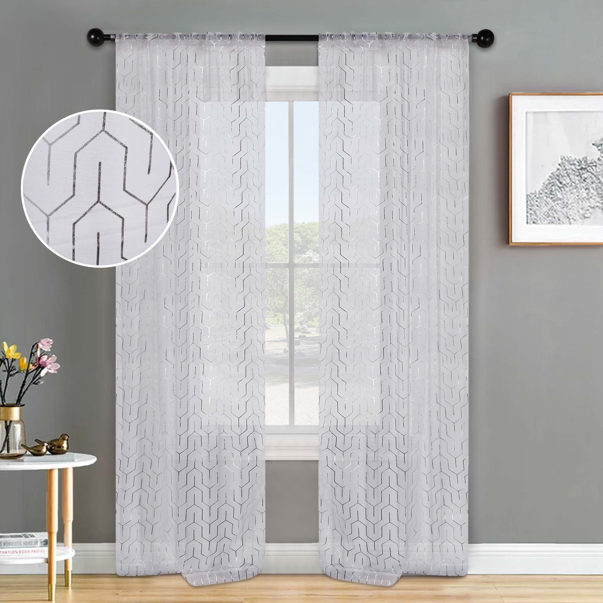 Superior Contemporary Geometric Trellis Sheer Curtains, Rod Pocket or Grommets, Set of 2