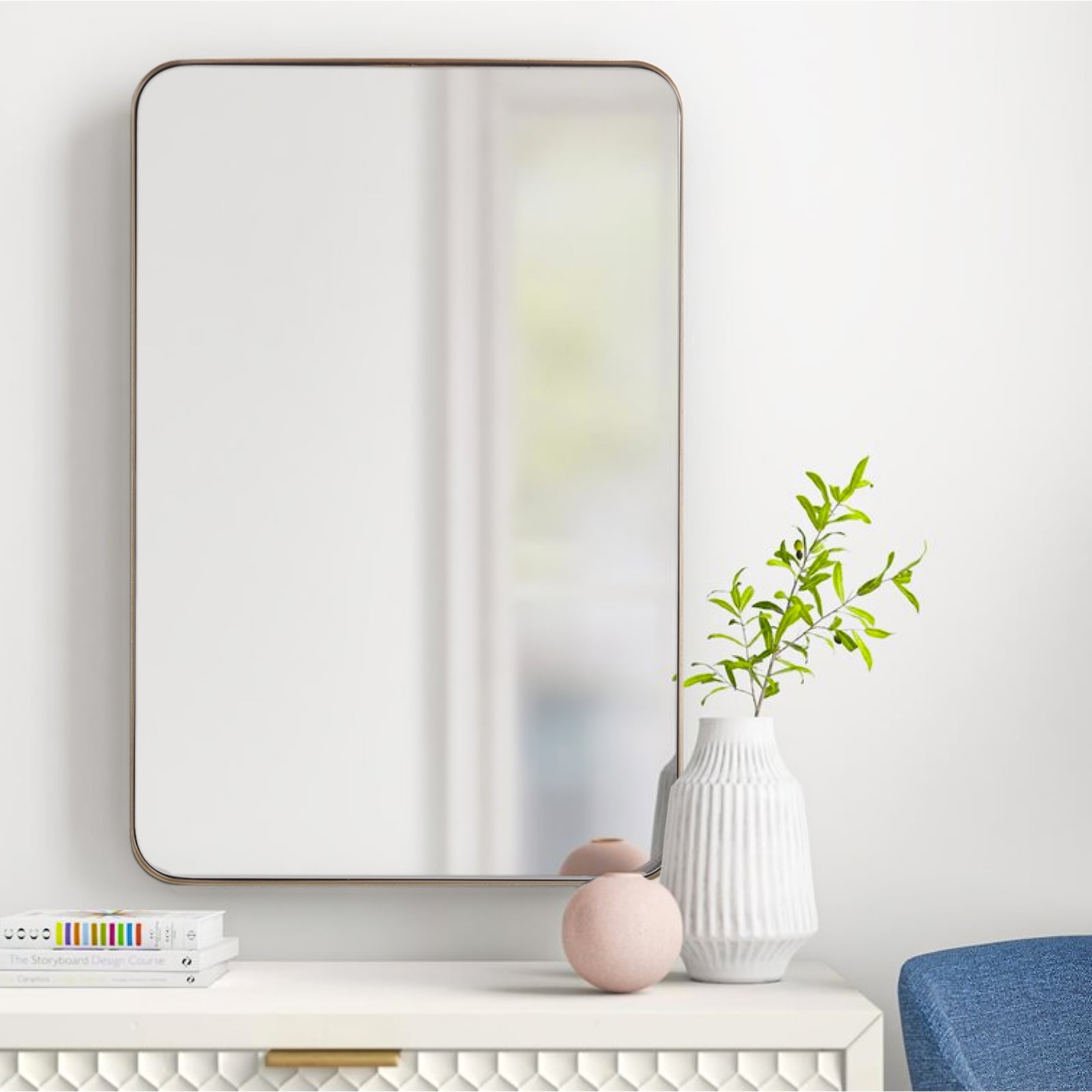 Modern Wall Mirror, Rectangular Mirror with Metal Frame, Bathroom Mirror with Round Corner Vanity Mirror for Vertical/Horizontal