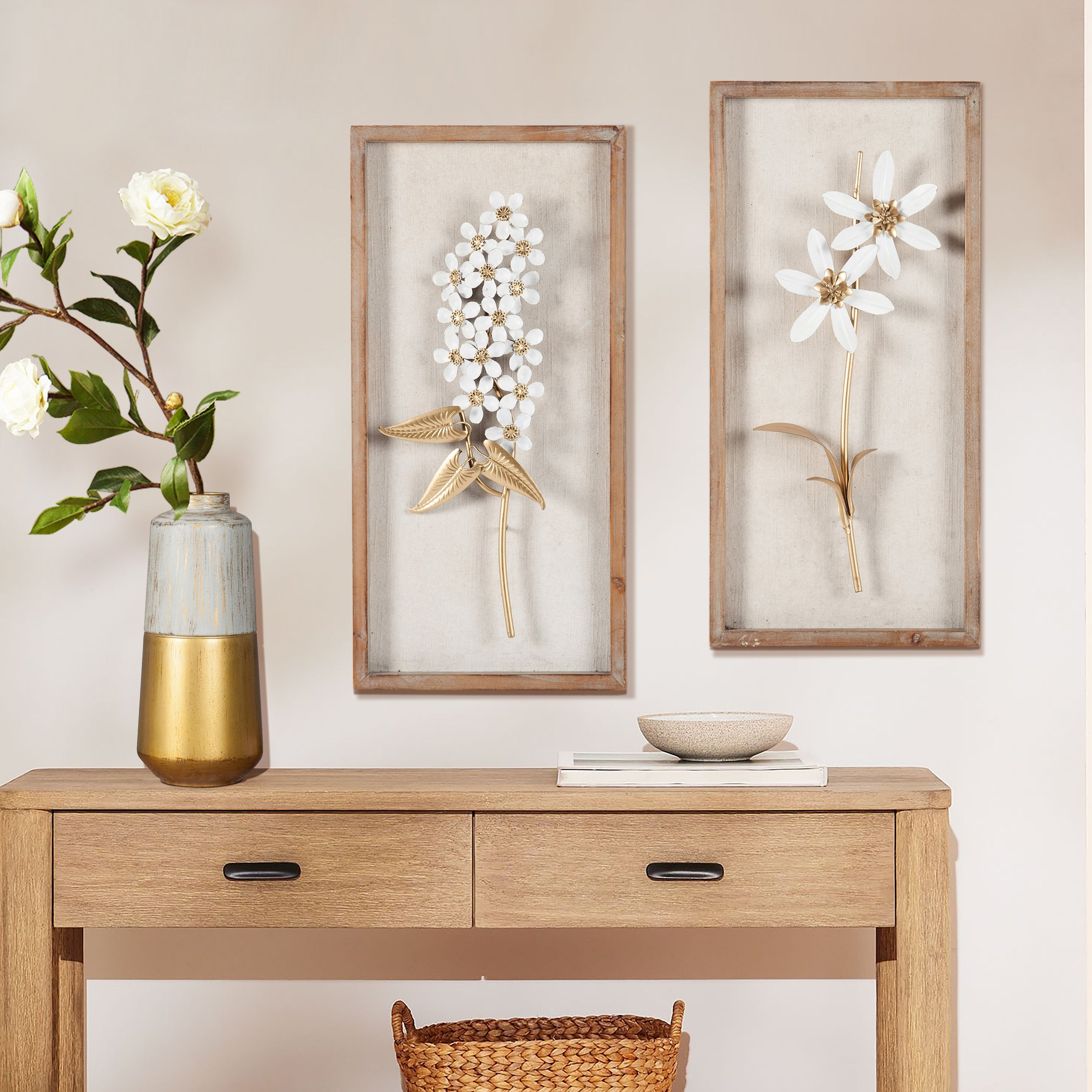 White and Gold Metal Flower Bouquet Wood Frame Wall Decor (Set of 2)