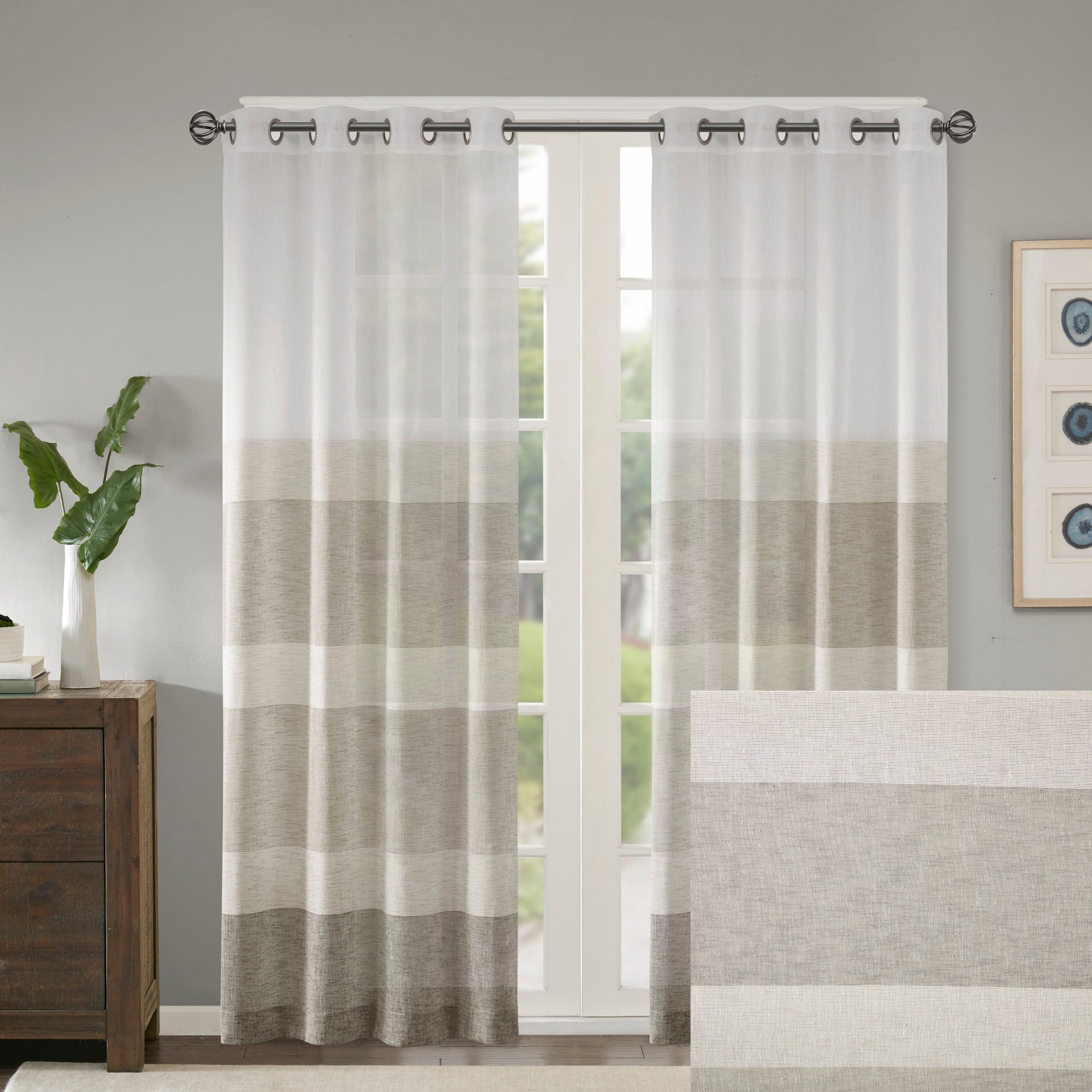 Madison Park Jasper Woven Faux Linen Striped Window Curtain Sheer