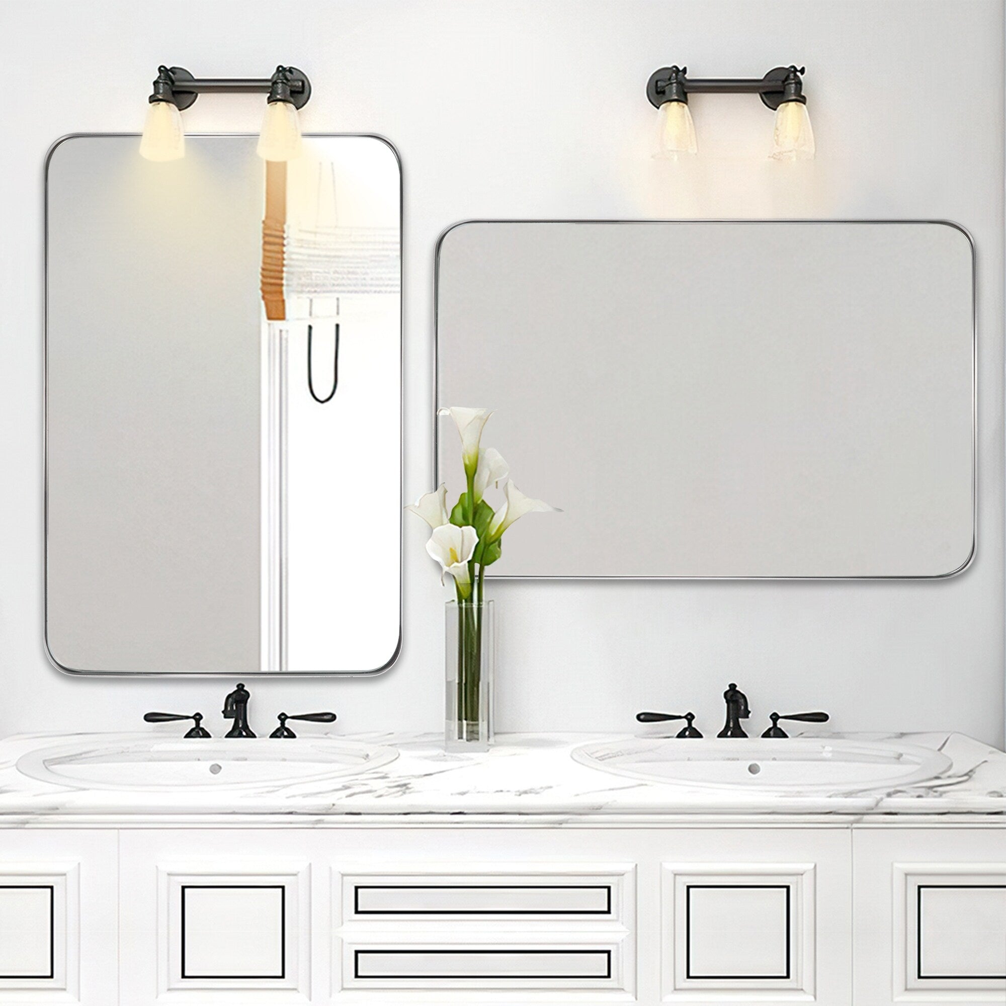 Modern Wall Mirror, Rectangular Mirror with Metal Frame, Bathroom Mirror with Round Corner Vanity Mirror for Vertical/Horizontal