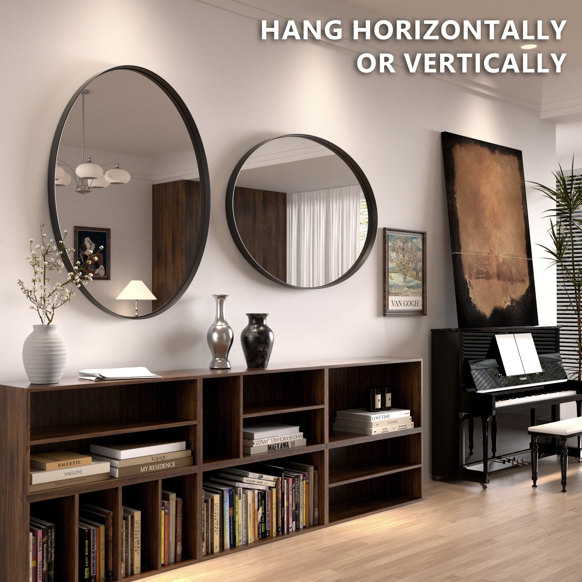 Modern Wall Mirror, Oval Mirror with Metal Framed, Bathroom Mirror with Round Corner Vanity Mirror for Vertical/Horizontal