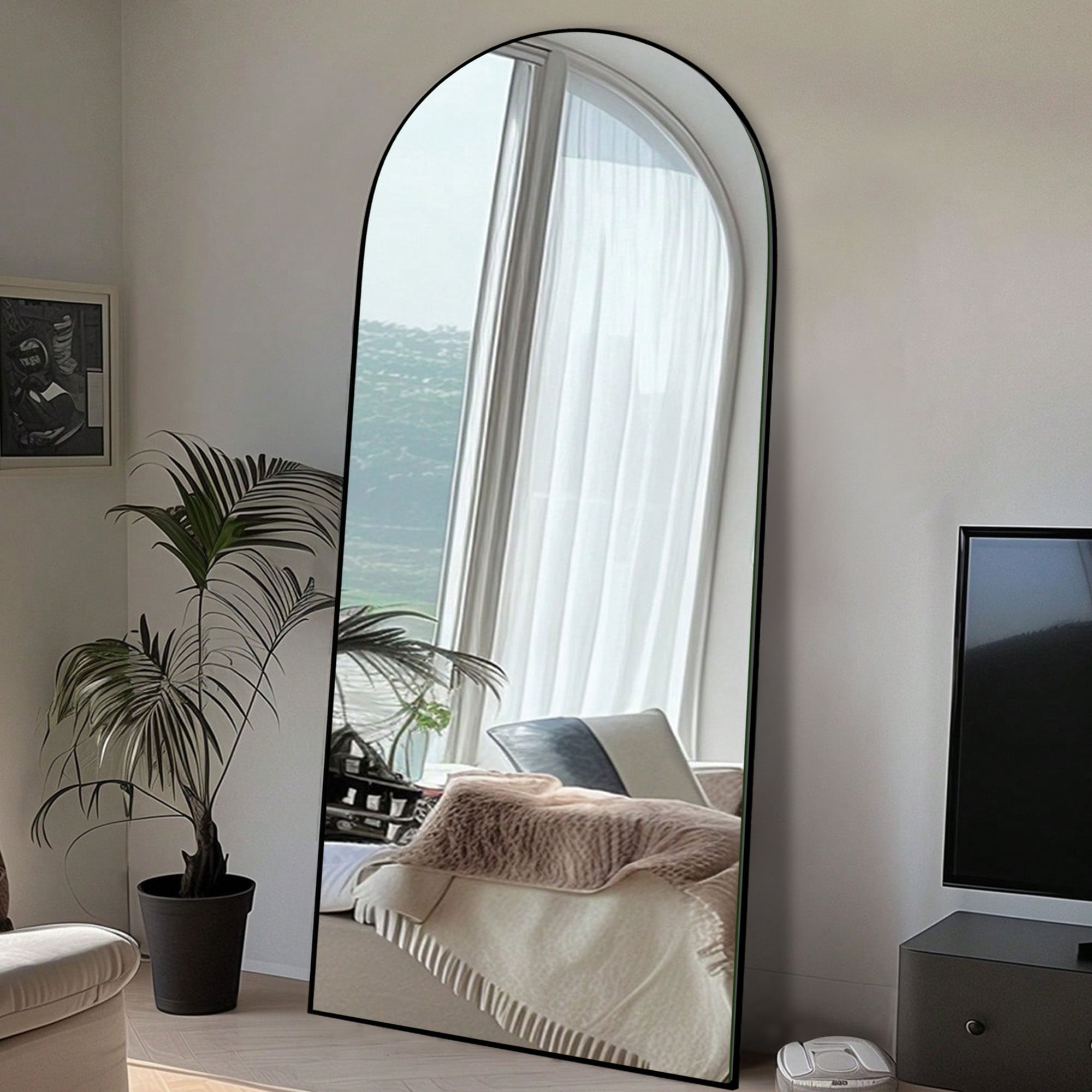 Arched Full-Length Standing Wood Floor Mirror, Wall Mirror