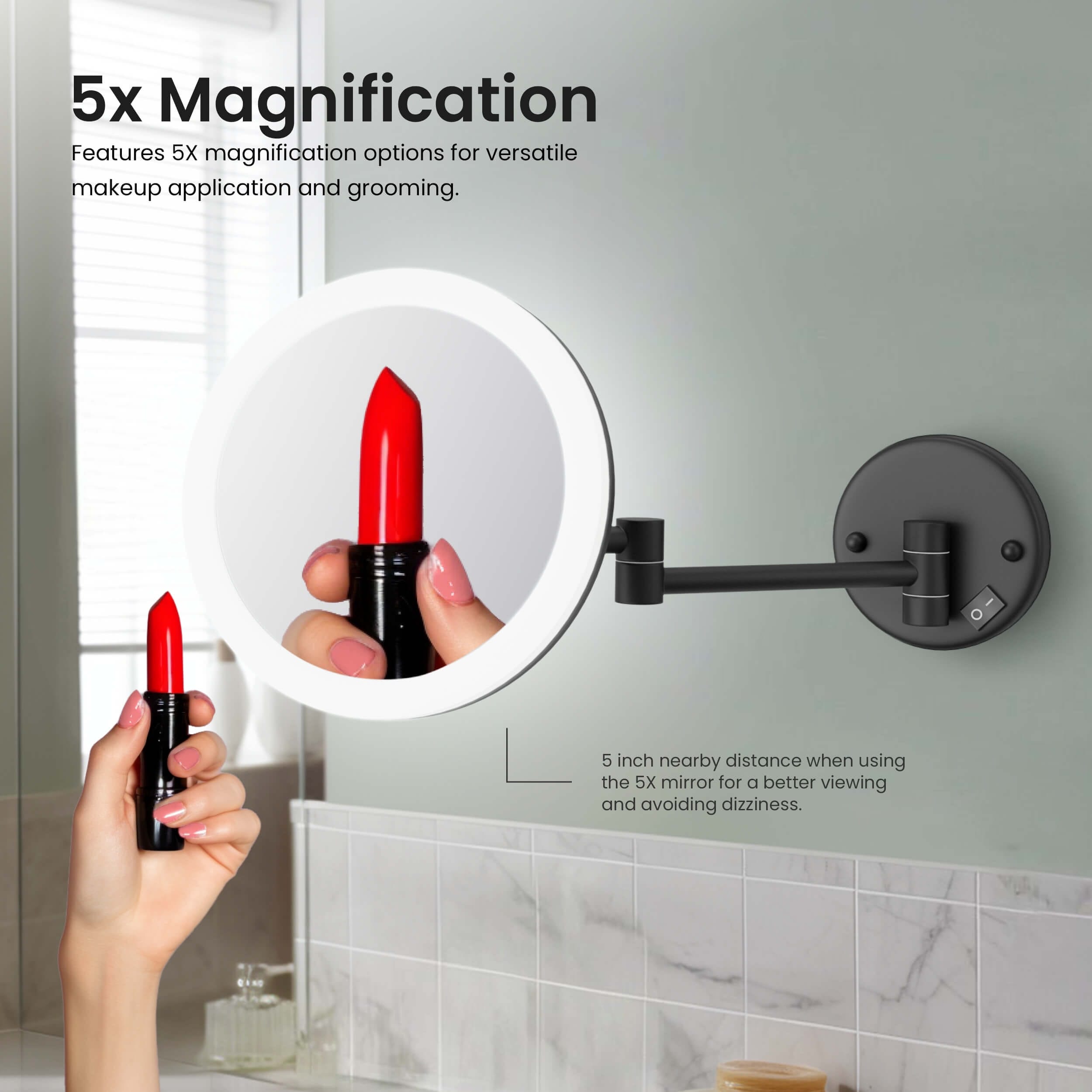 Circular LED Wall Mount One Side 5x Magnifying Make Up Mirror