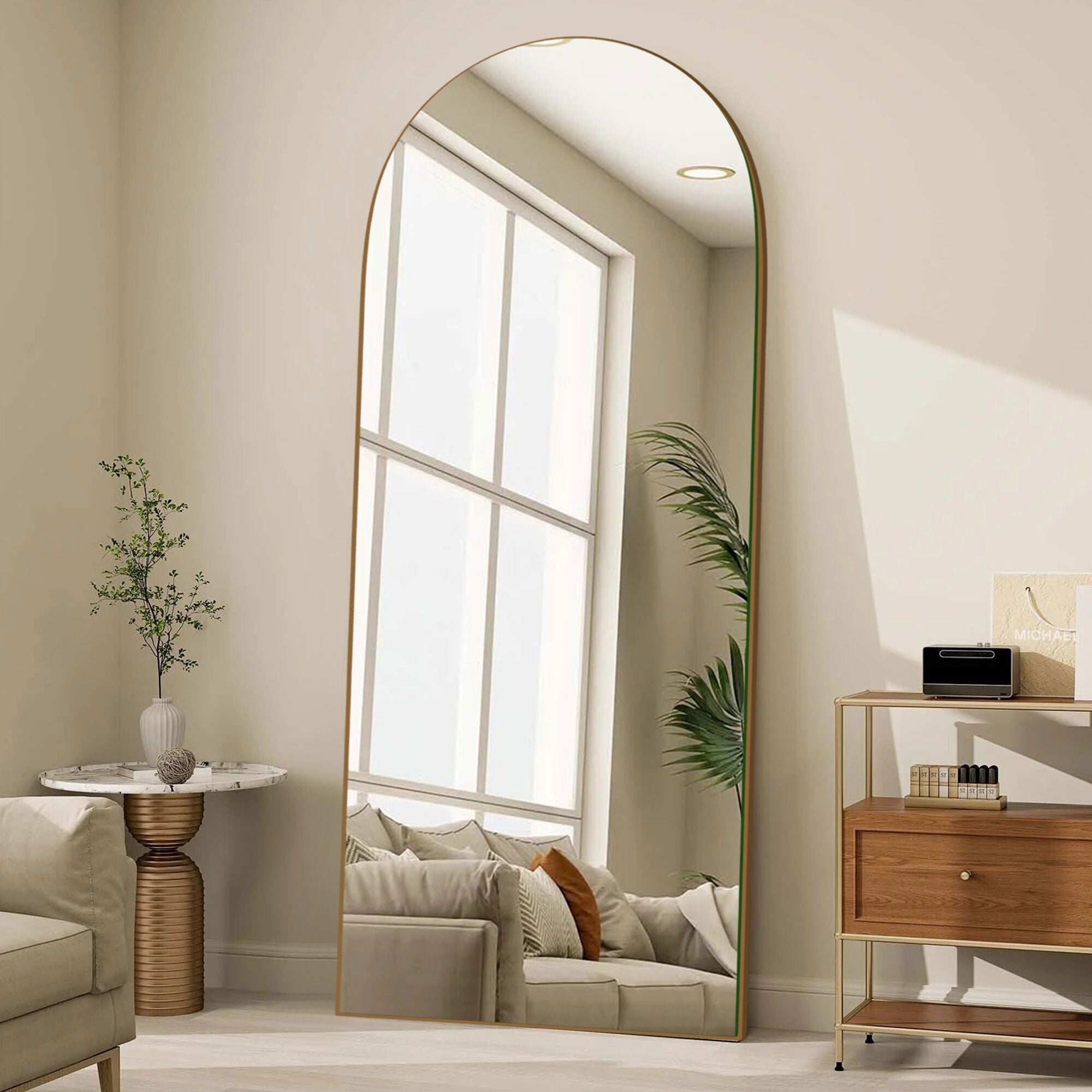 Arched Full-Length Standing Wood Floor Mirror, Wall Mirror