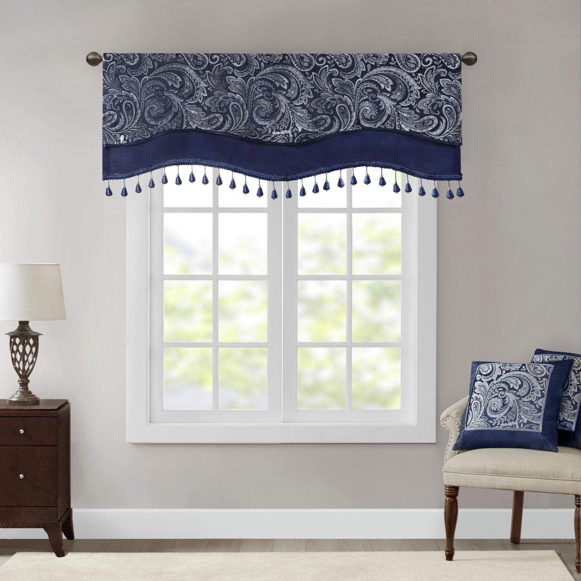 Madison Park Whitman Jacquard Window Rod Pocket Valance with Beads - 50 x 18