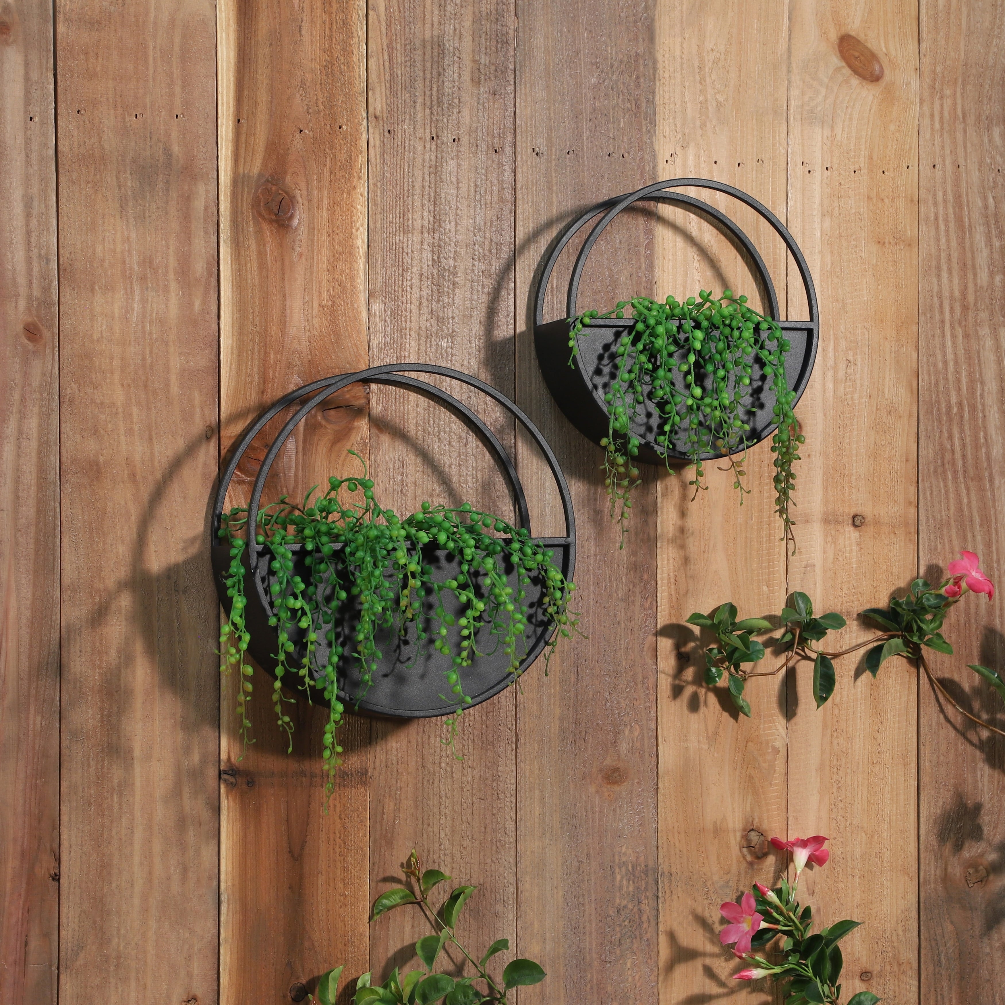 Sagebrook Home Modern Set of 2 Metal Round Wall Planters Black Iron Plant Holders for Indoor/Outdoor - 12 x 4 x 12