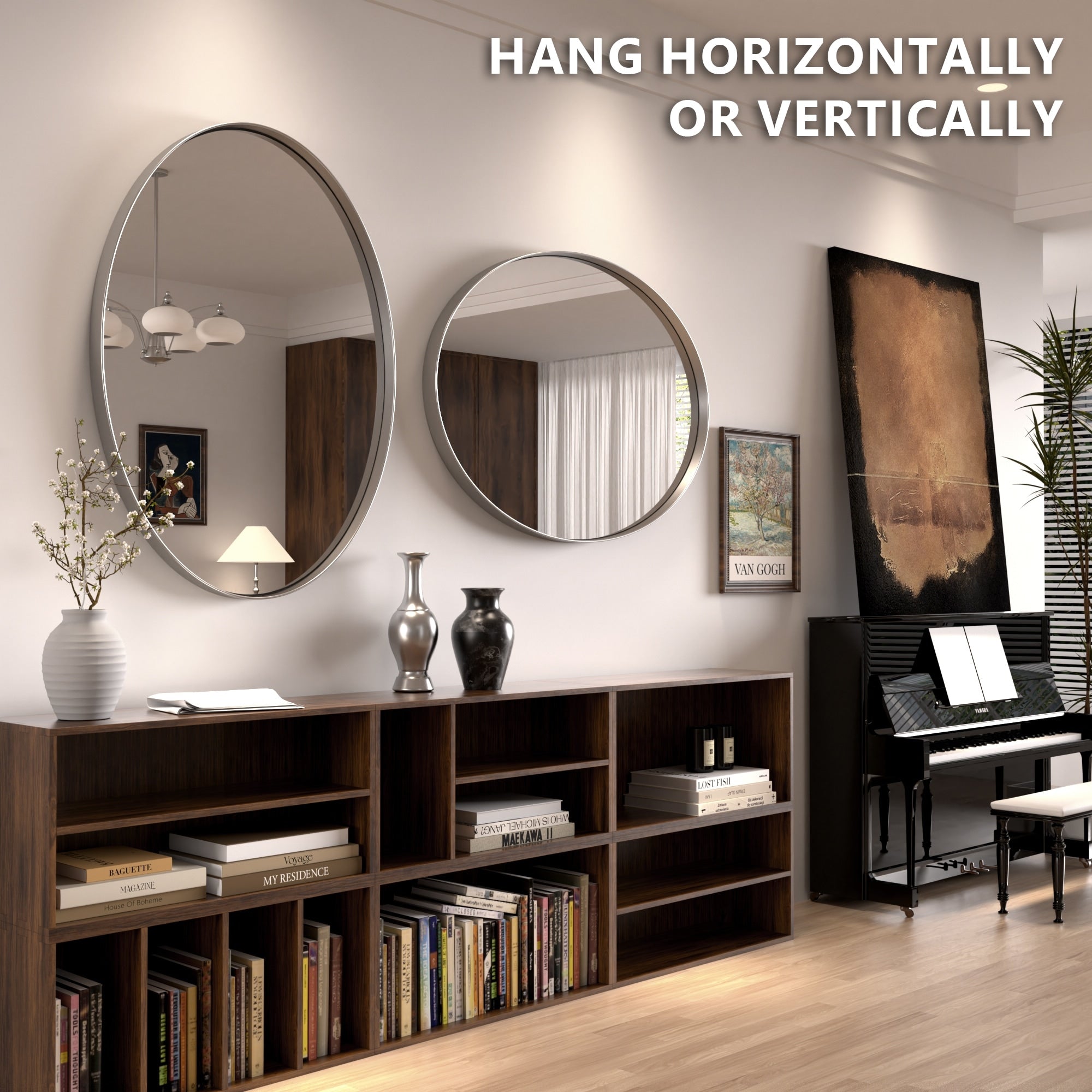 Modern Wall Mirror, Oval Mirror with Metal Framed, Bathroom Mirror with Round Corner Vanity Mirror for Vertical/Horizontal