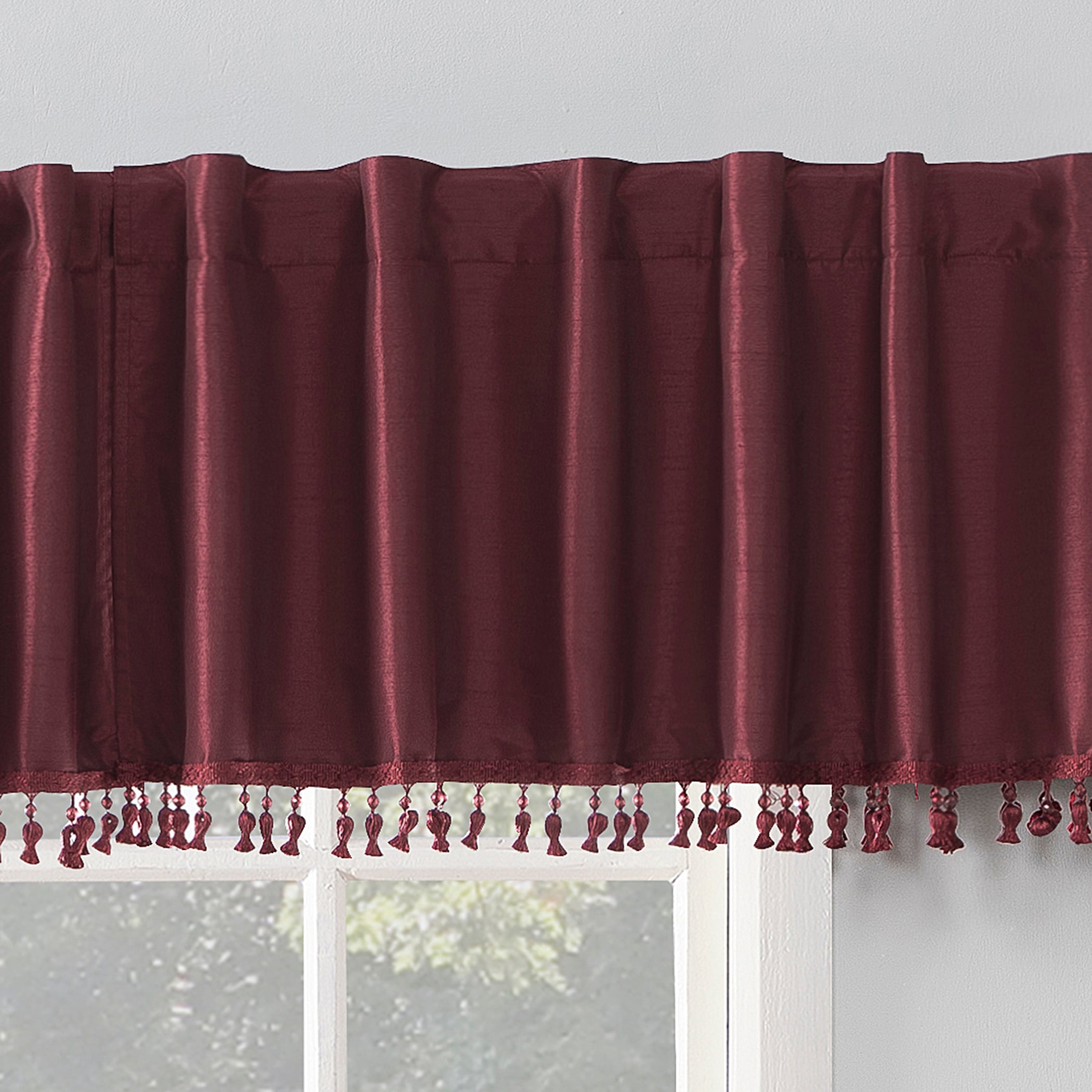 Sun Zero Evelina Faux Dupioni Silk Beaded Tassels Thermal Extreme Total Blackout Back Tab Curtain Valance