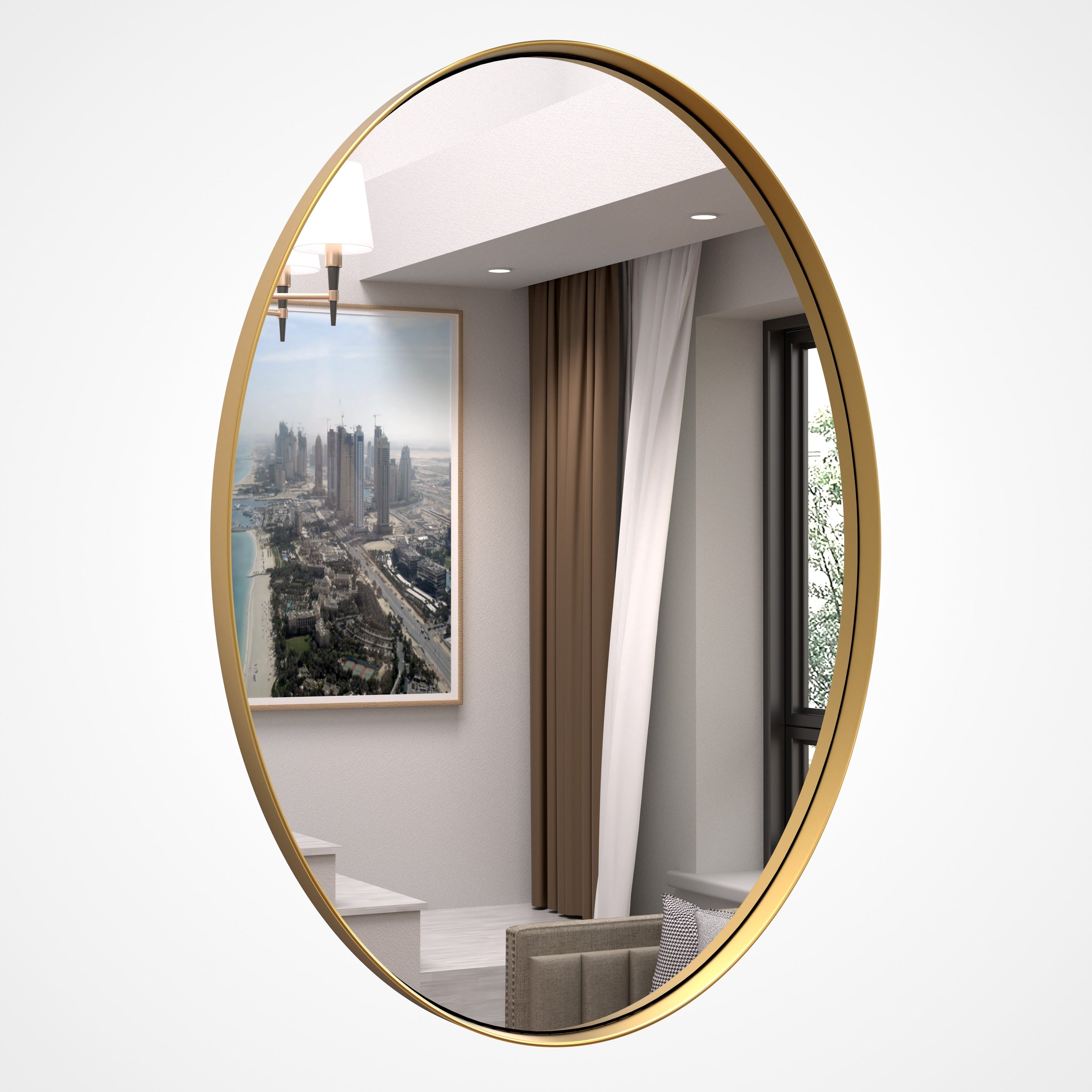 Modern Wall Mirror, Oval Mirror with Metal Framed, Bathroom Mirror with Round Corner Vanity Mirror for Vertical/Horizontal