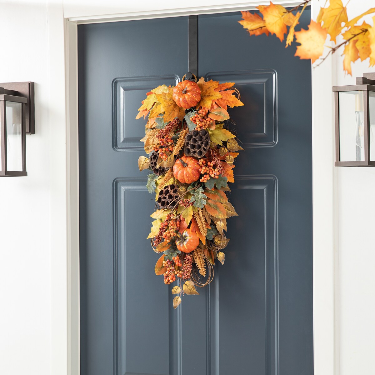 Glitzhome 25H Fall Pumpkin Lotus Leaf Swag Wreath Thanksgiving Door Decor