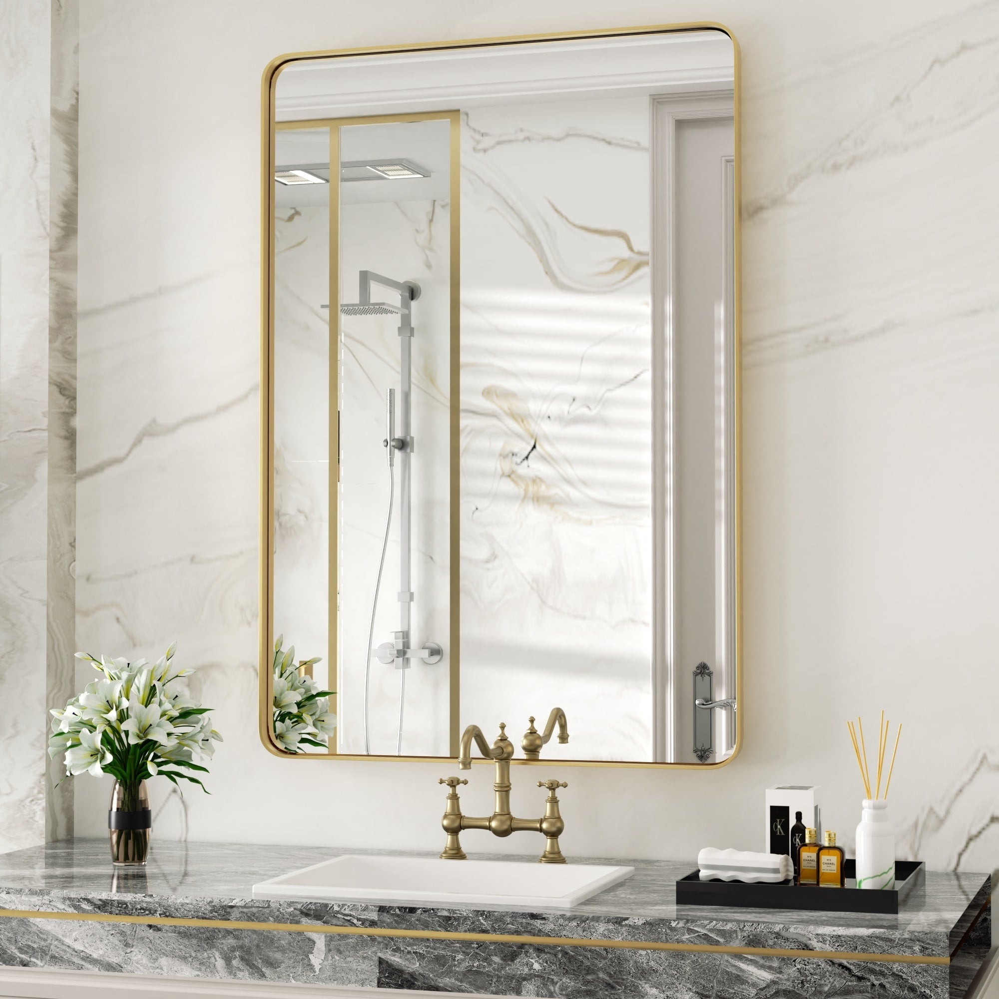 Modern Wall Mirrors, Rectangular Mirror with Stainless Steel Framed, Bathroom Mirror with Round Corner, Vanity Mirror