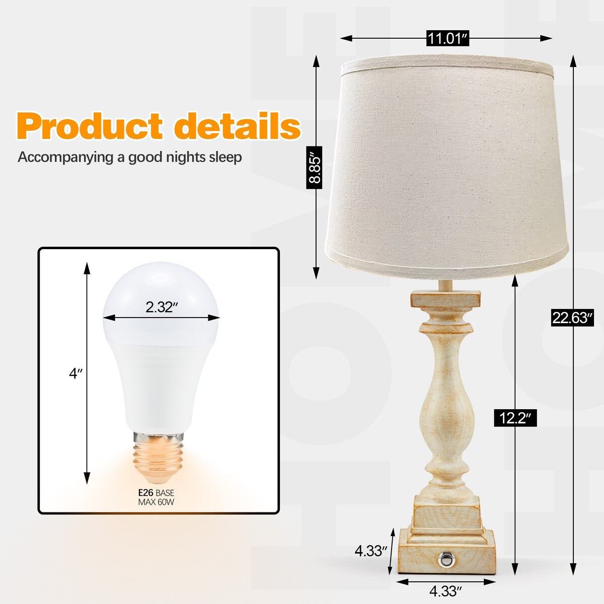 EROMMY Bedside Lamps Set of 2 with Dual USB Ports, 2 bulbs included, and 3-way touch control. Ideal for living rooms, bedrooms.