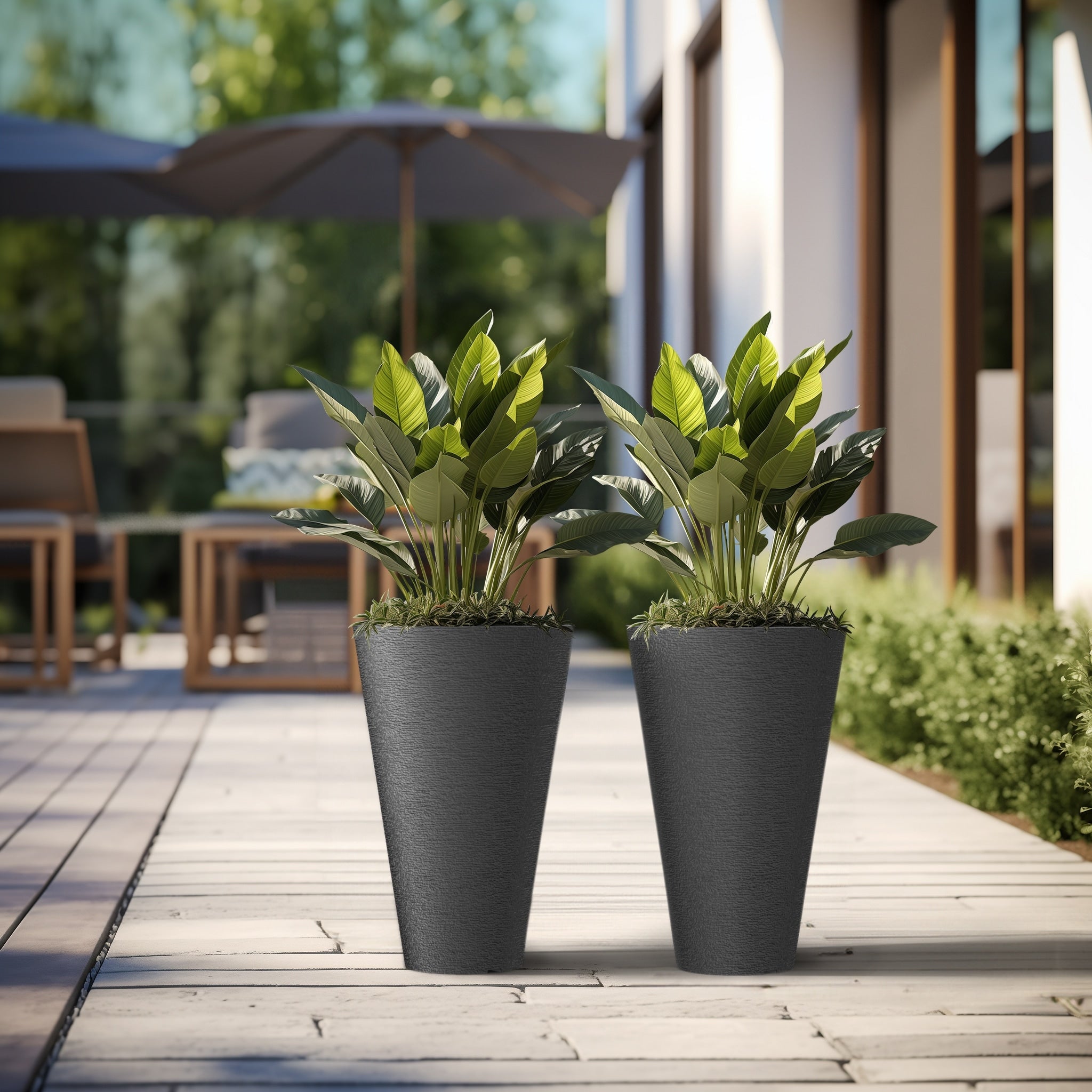 Black Tall Plastic Round Plant Pots / Large Indoor and Outdoor Flower Planters, 2 Piece Set