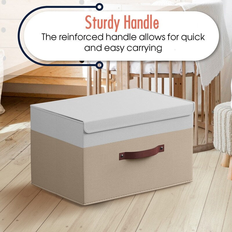 Foldable Collapsible Large Storage Box Bins Linen Fabric Shelf Basket with Leather Handles and Lid - Set of 3