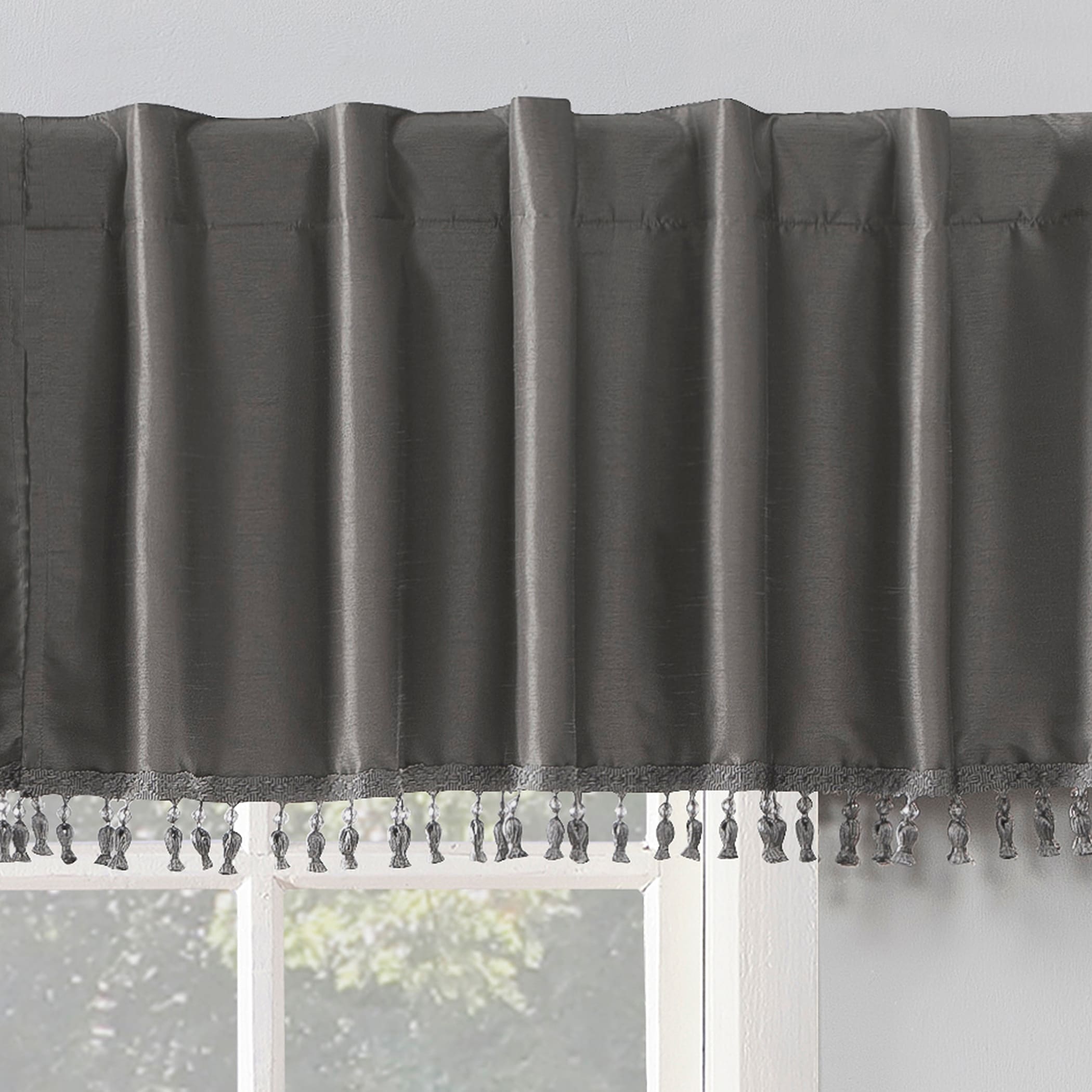 Sun Zero Evelina Faux Dupioni Silk Beaded Tassels Thermal Extreme Total Blackout Back Tab Curtain Valance