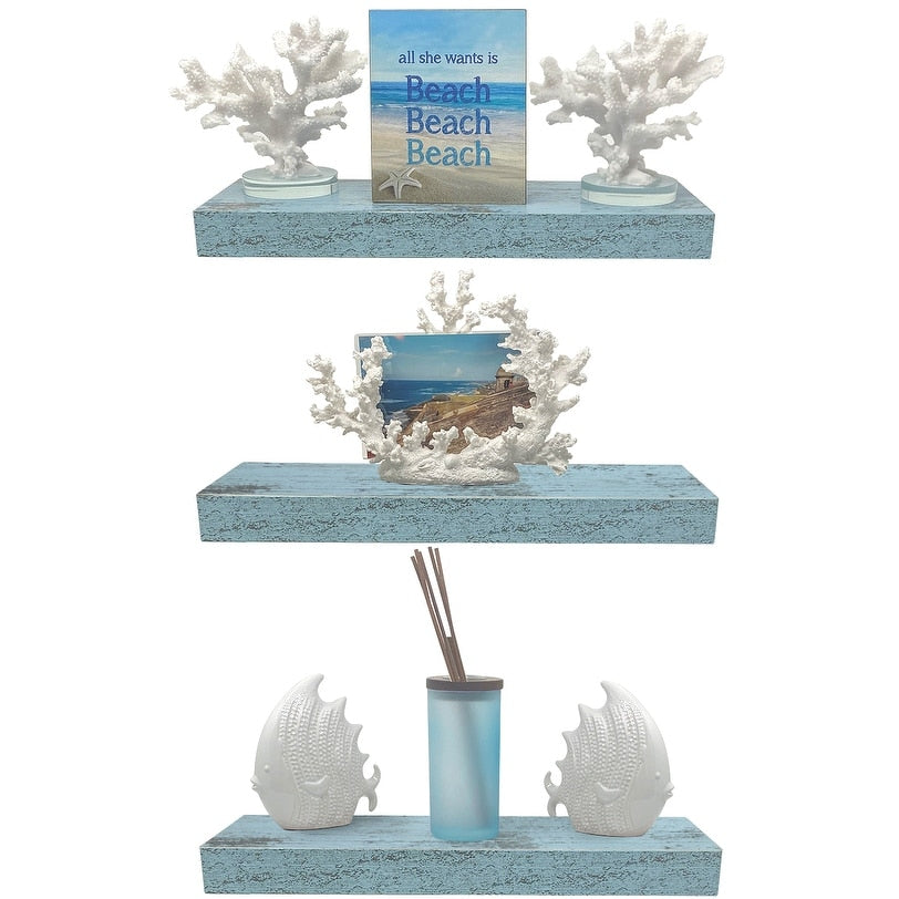 Floating Shelf Set, Rustic Wood Beach Style Hanging Wall Shelves - 3-Pack