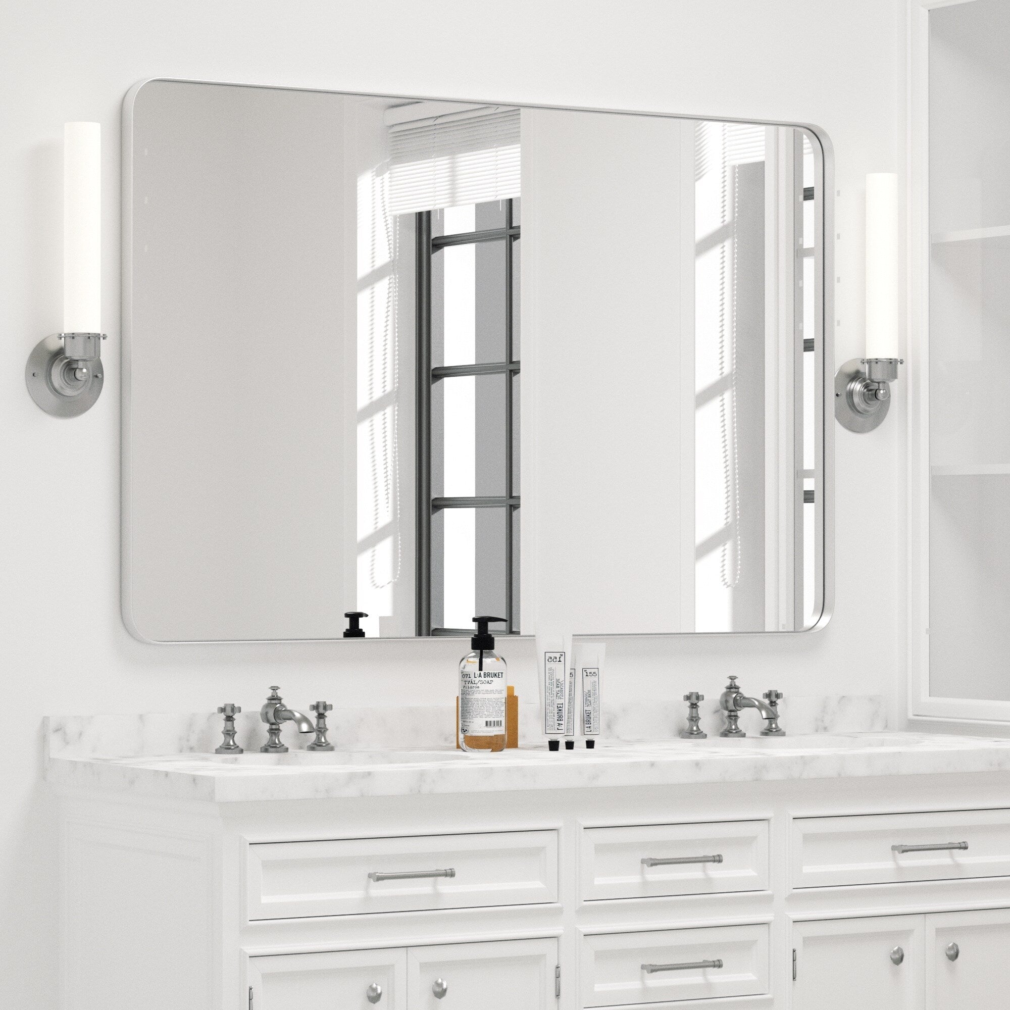 Modern Wall Mirror, Rectangular Mirror with Metal Frame, Bathroom Mirror with Round Corner Vanity Mirror for Vertical/Horizontal