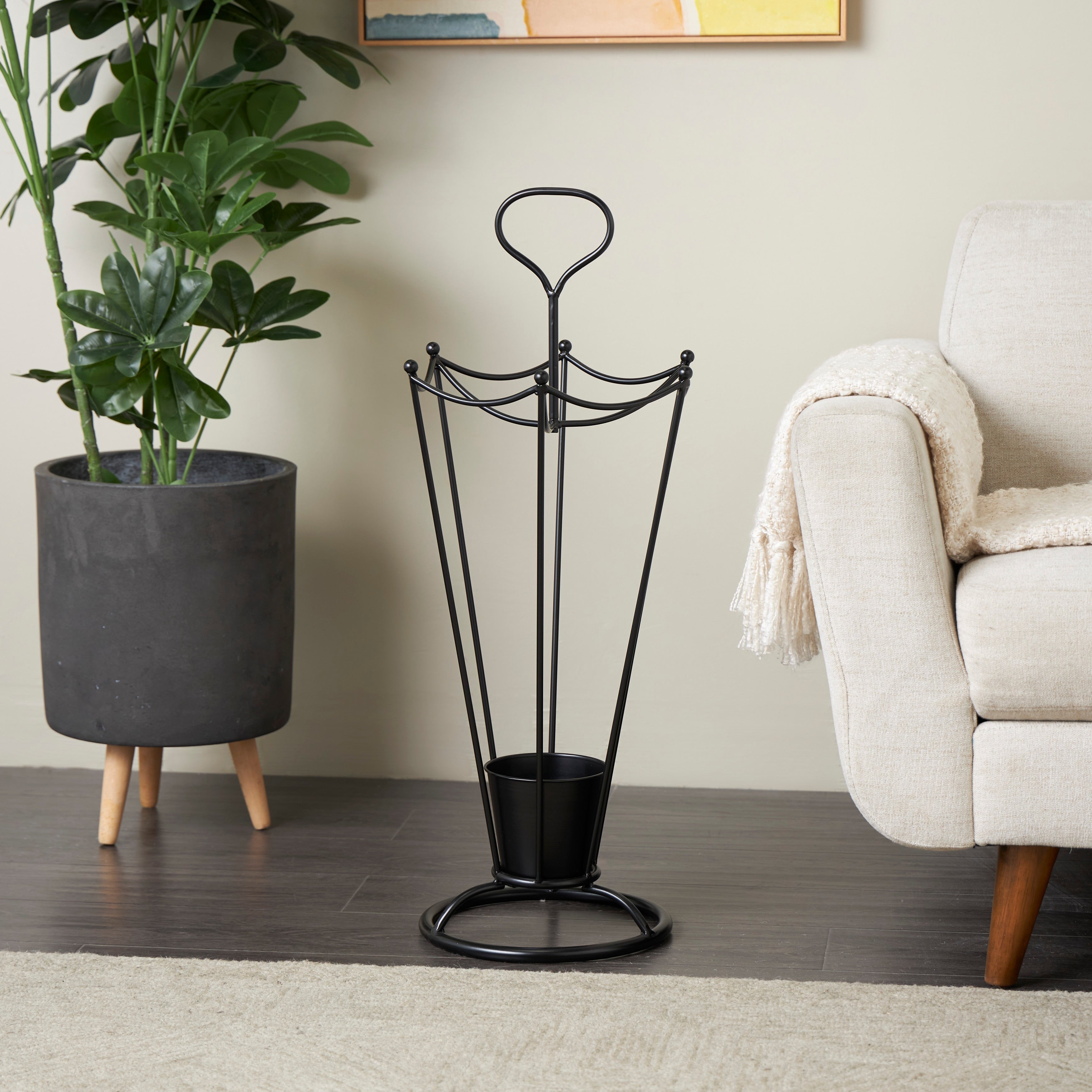 Metal Open Framed Umbrella Stand with Upside Down Umbrella Shape and Hook Handle - Black - Roche River Decor