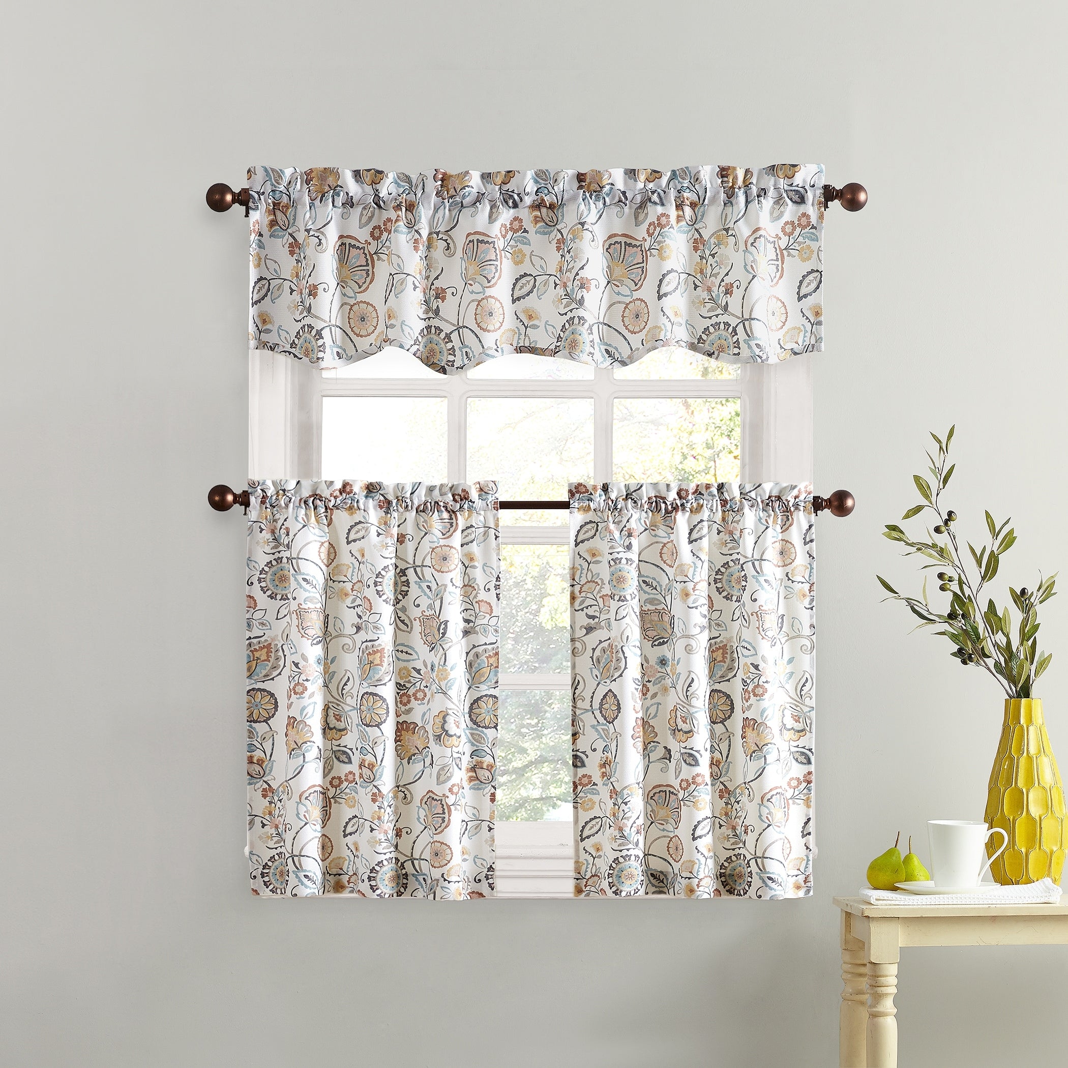 No. 918 Signy Jacobean Pattern Light Filtering Rod Pocket Kitchen Curtain Tier Pair