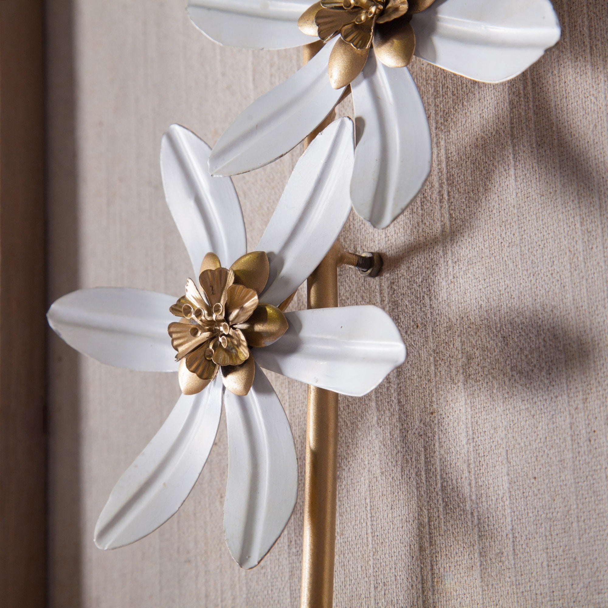 White and Gold Metal Flower Bouquet Wood Frame Wall Decor (Set of 2)