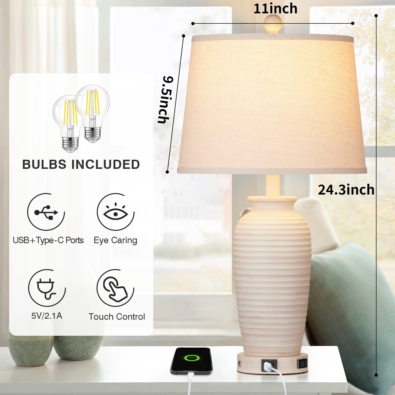 Beige Resin Table Lamps 3-way Touch Dimming Switch USB & Type-C Charging Ports AC Outlet (Set of 2)