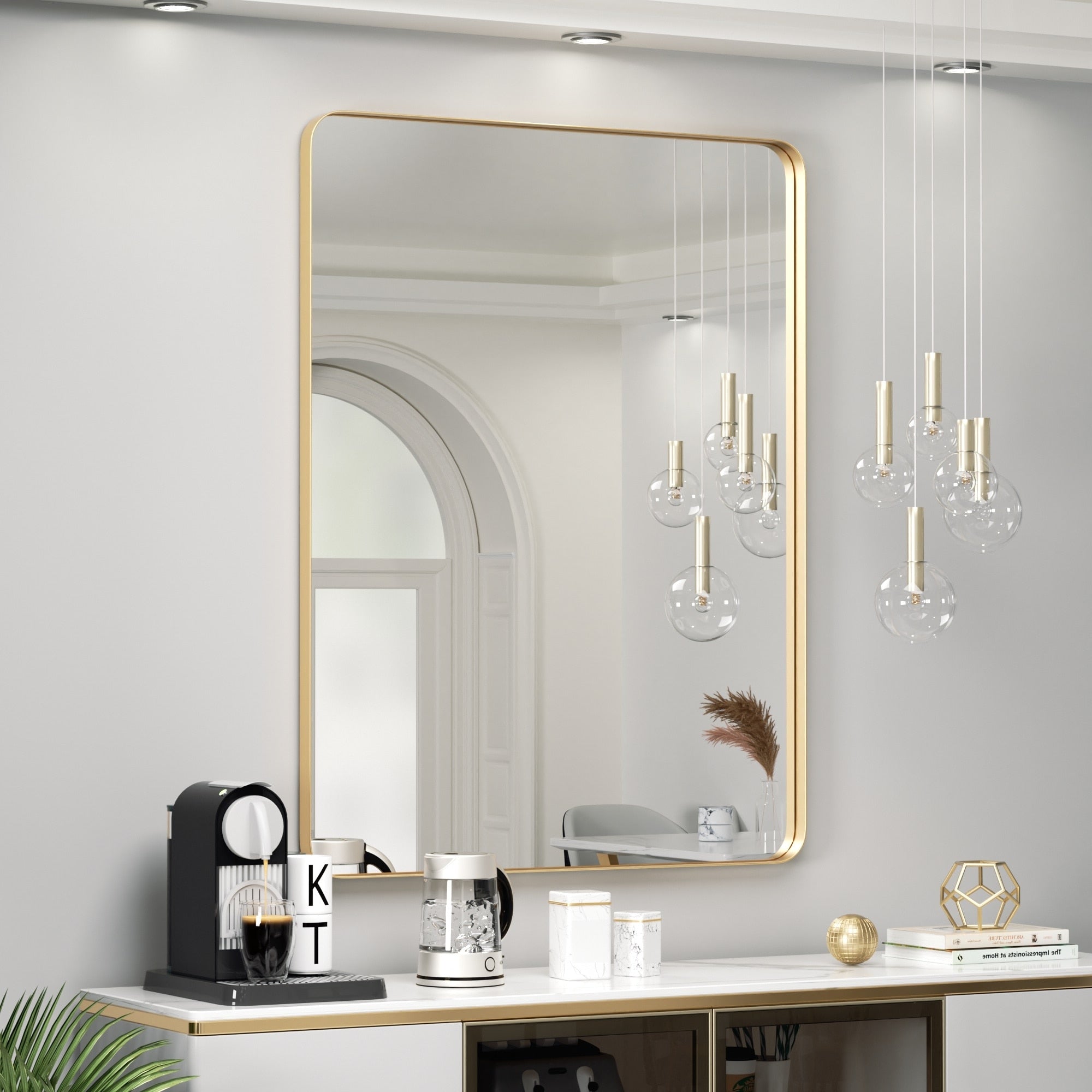 Modern Wall Mirror, Rectangular Mirror with Metal Frame, Bathroom Mirror with Round Corner Vanity Mirror for Vertical/Horizontal