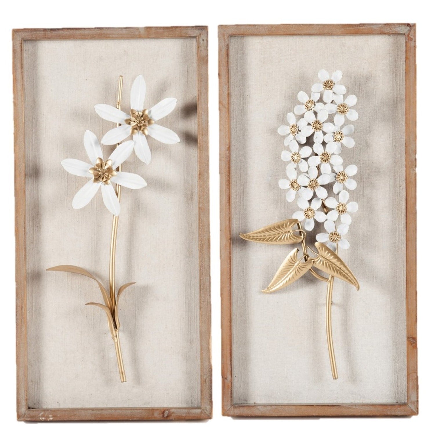 White and Gold Metal Flower Bouquet Wood Frame Wall Decor (Set of 2)