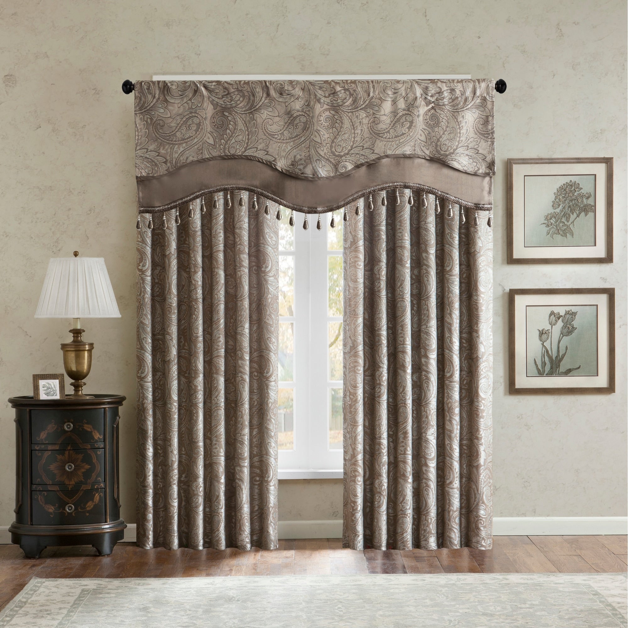 Madison Park Whitman Jacquard Window Rod Pocket Valance with Beads - 50 x 18