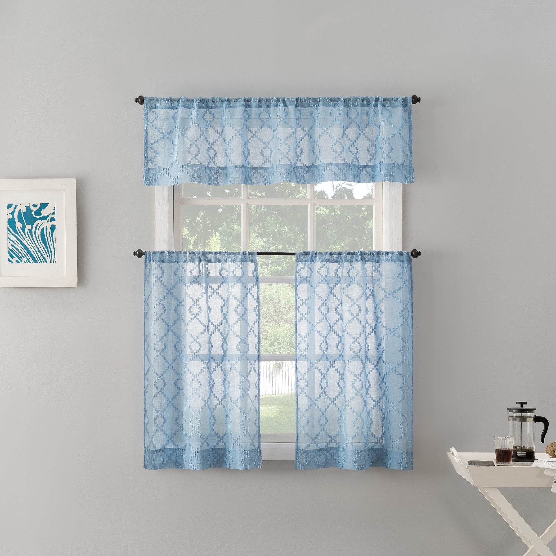 No. 918 Tina Geometric Clipped Semi-Sheer Rod Pocket Kitchen Curtain Valance and Tiers Set