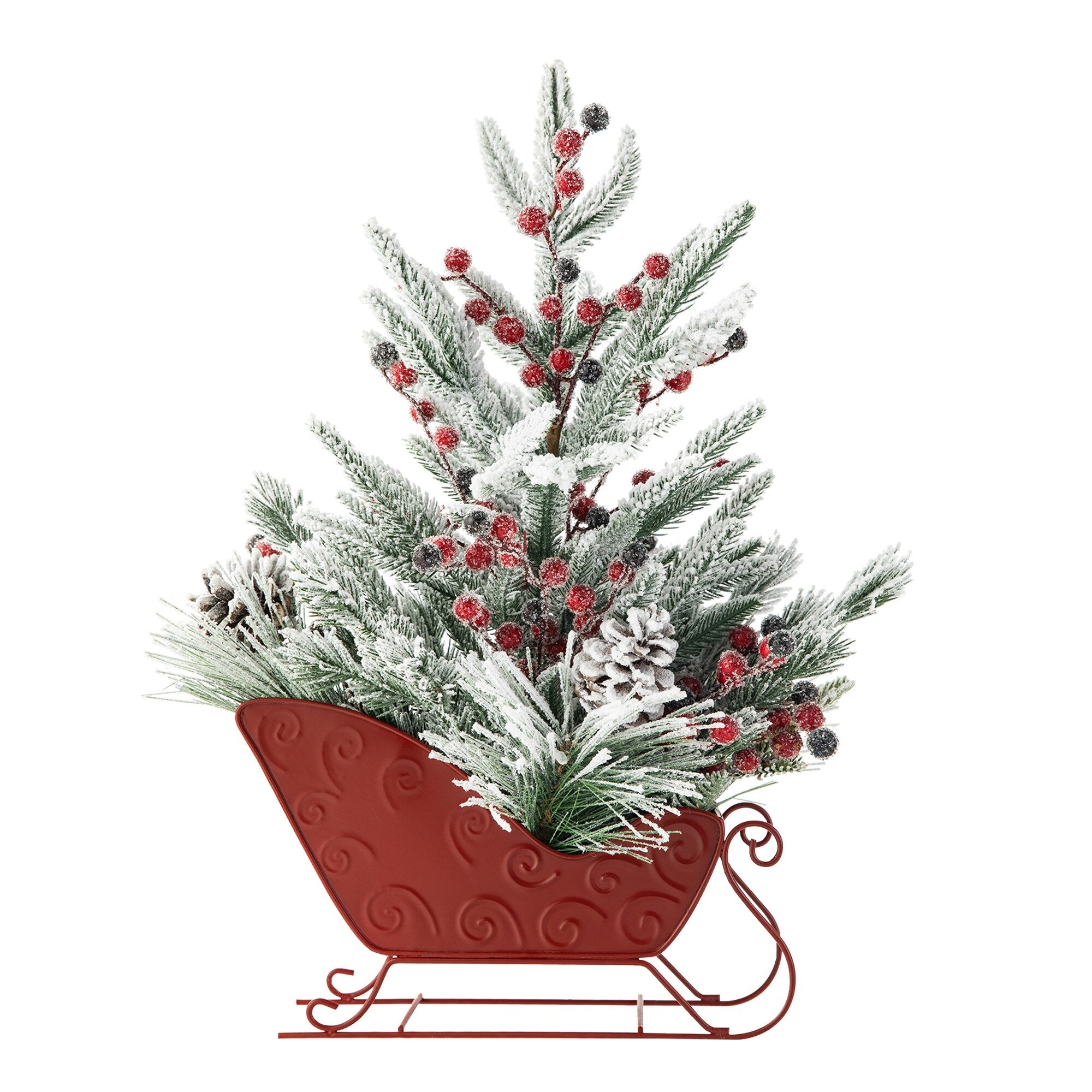 Glitzhome Christmas Red Sleigh Frosted Boot Floral Metal Potted Tree Table Decor