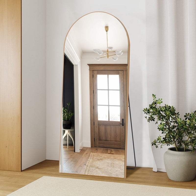 Modern Glam Wood Frame Arched Full-length Floor Mirror for Bedroom,Entryway