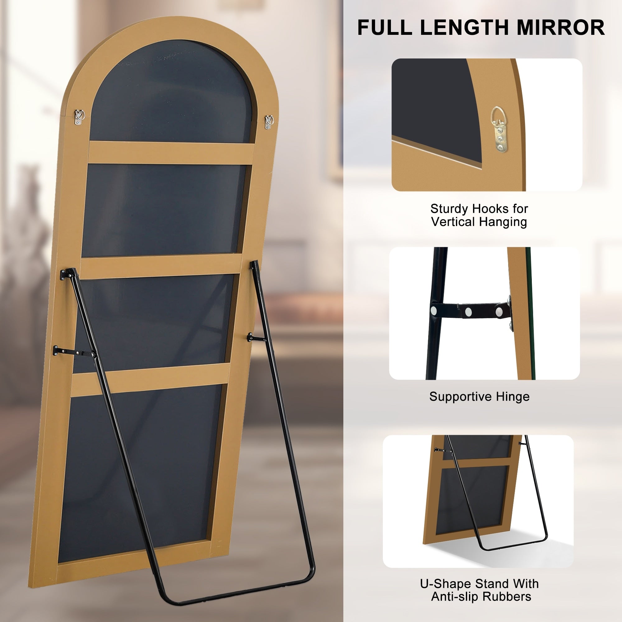 Arched Full-Length Standing Wood Floor Mirror, Wall Mirror