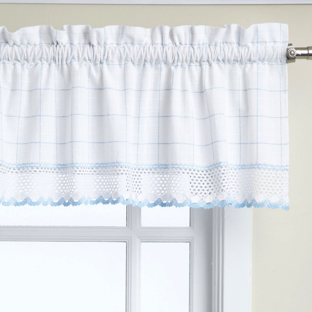 Cotton Classic White/ Blue Window Pane Pattern and Crotchet Trim Tiers, Swags and Valance Options