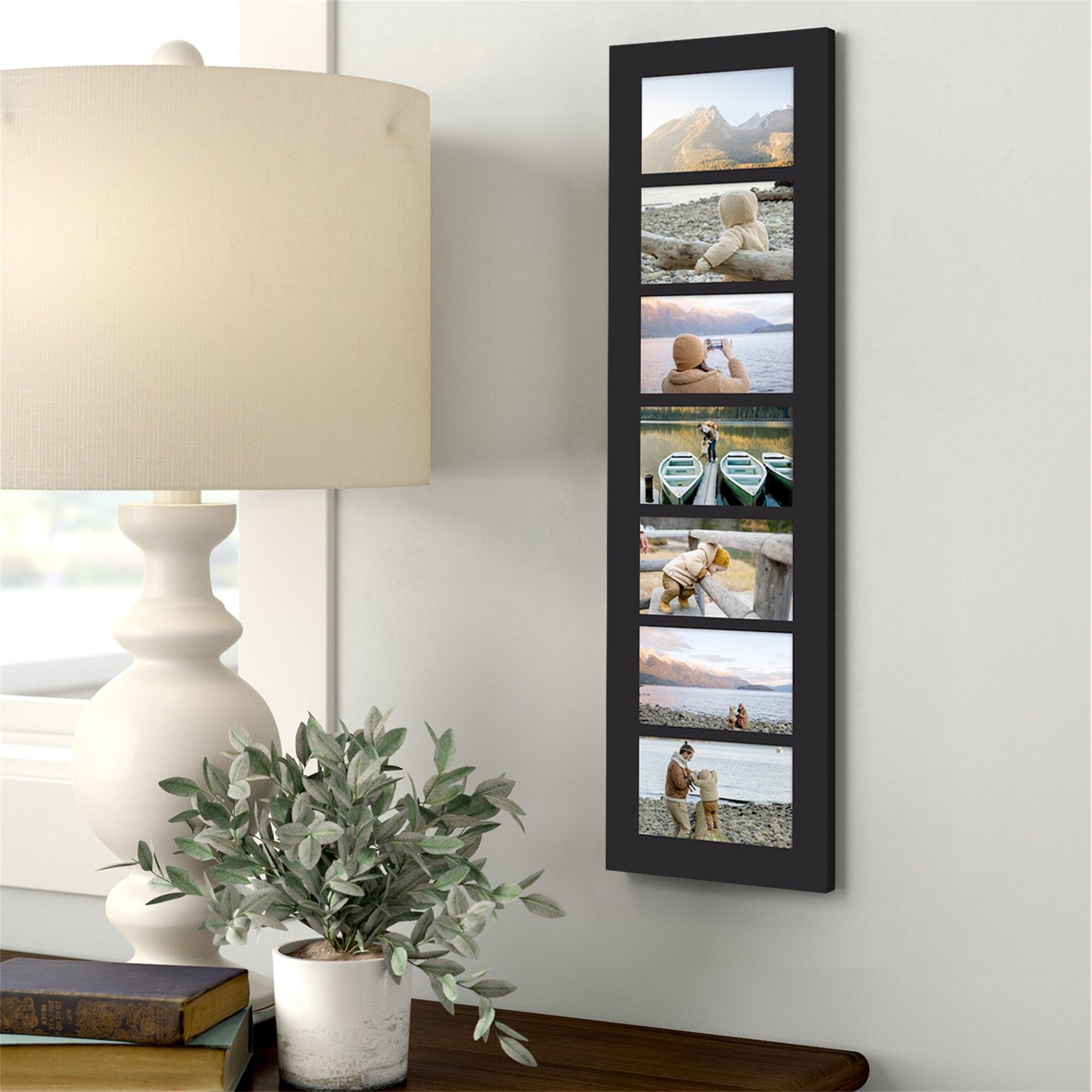 Adeco Black Wood Hanging Divided 4 x 6-inch Photo Frame with 7 Openings