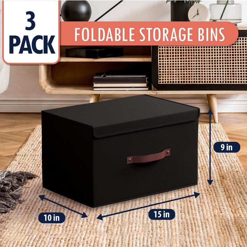 Foldable Collapsible Large Storage Box Bins Linen Fabric Shelf Basket with Leather Handles and Lid - Set of 3