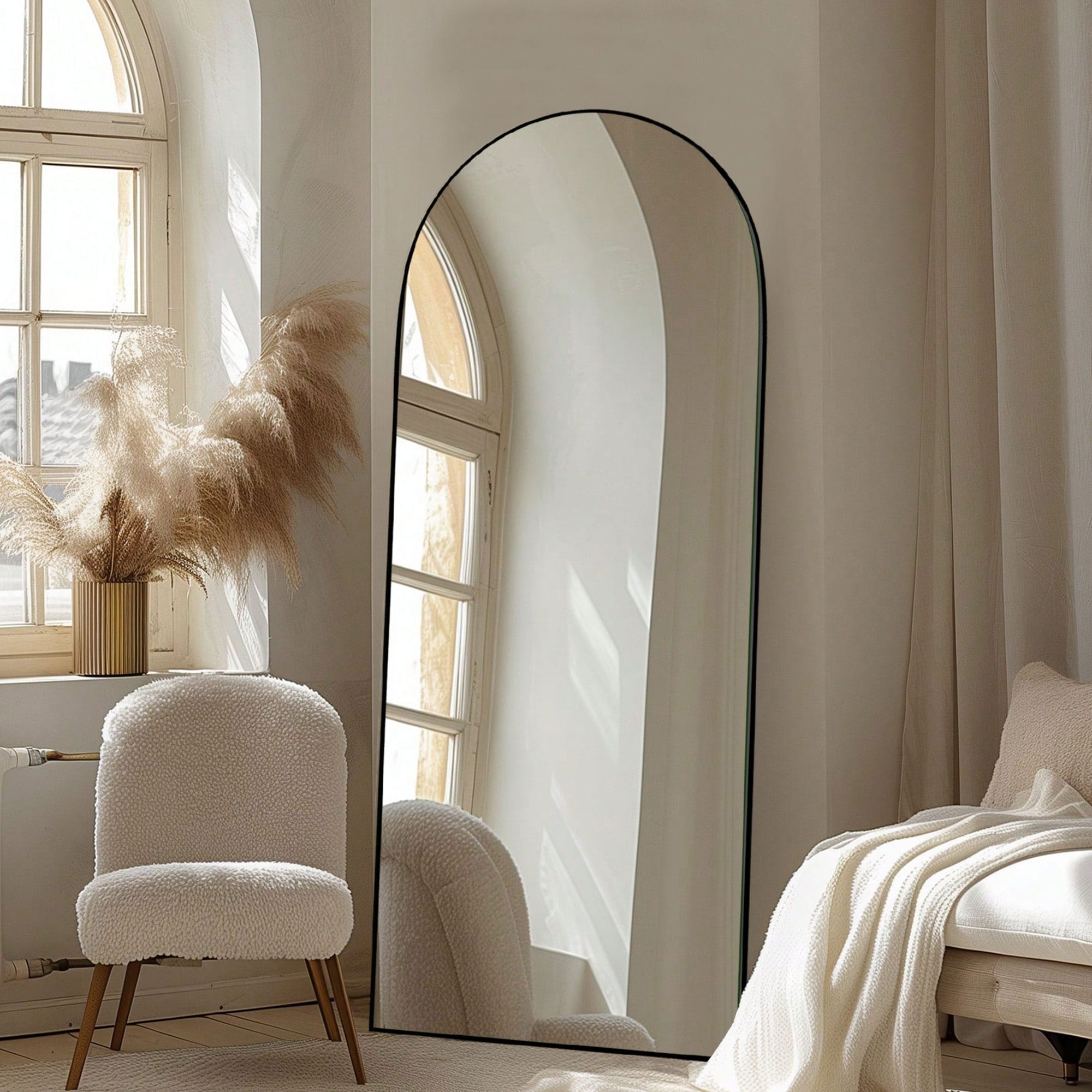 Arched Full-Length Standing Wood Floor Mirror, Wall Mirror