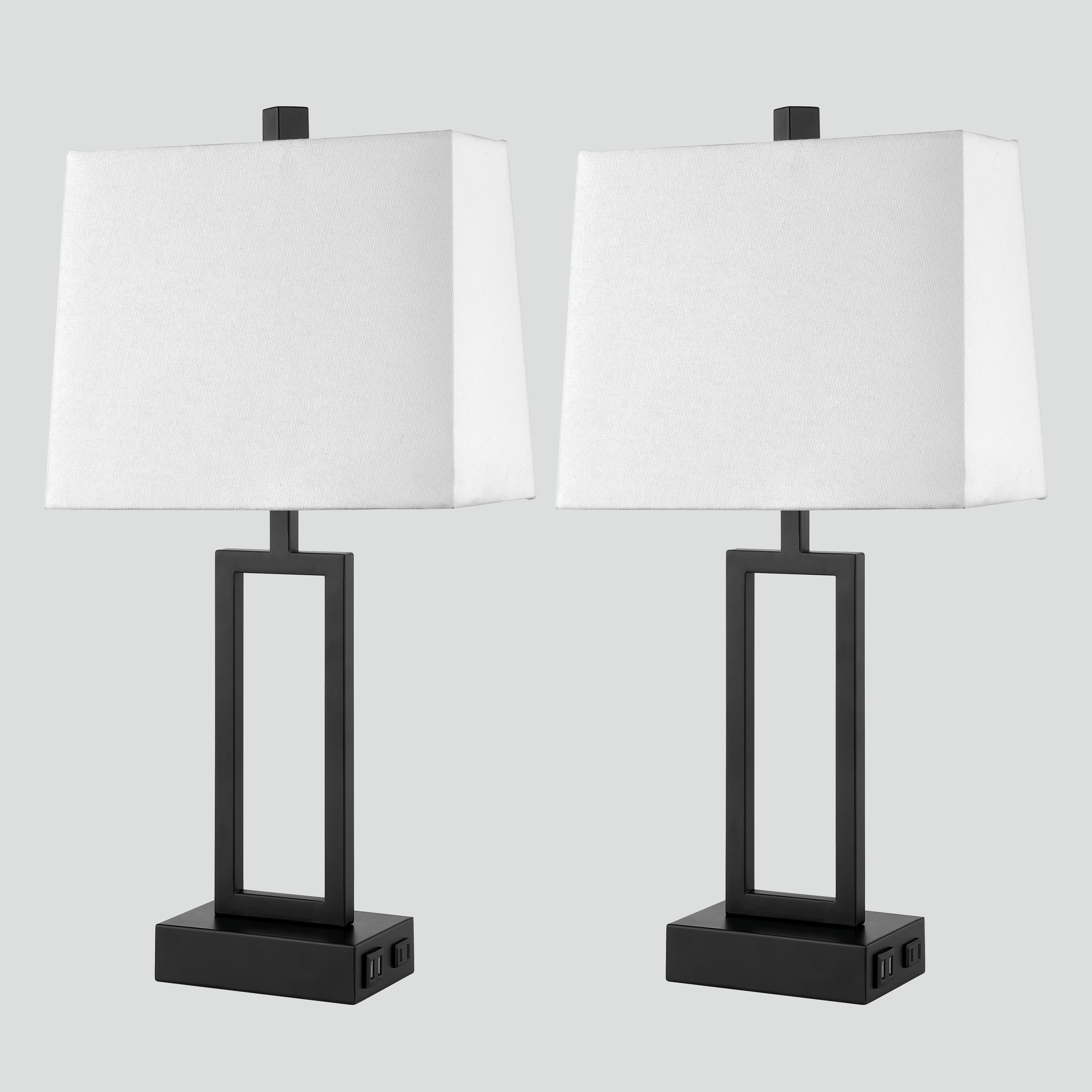 Black Metal Table Lamp with Door-frame Style White Shade Dual USB Charging Ports AC Outlet White Shade (Set of 2)