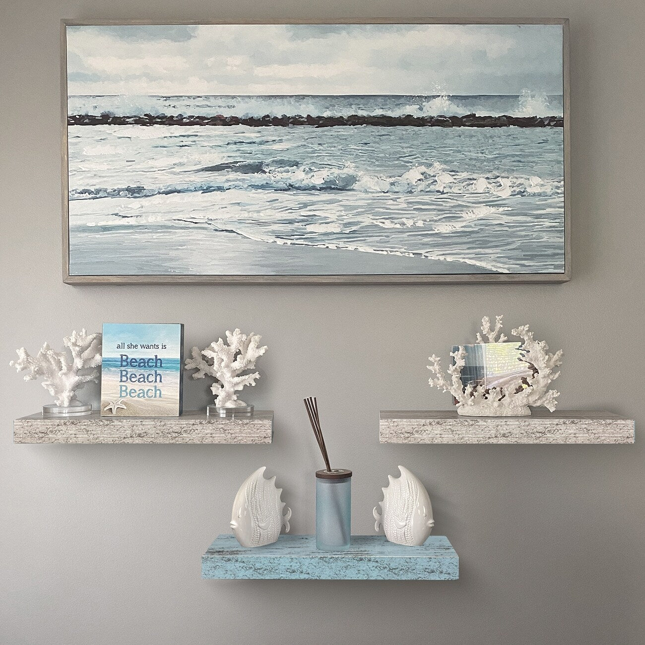 Floating Shelf Set, Rustic Wood Beach Style Hanging Wall Shelves - 3-Pack