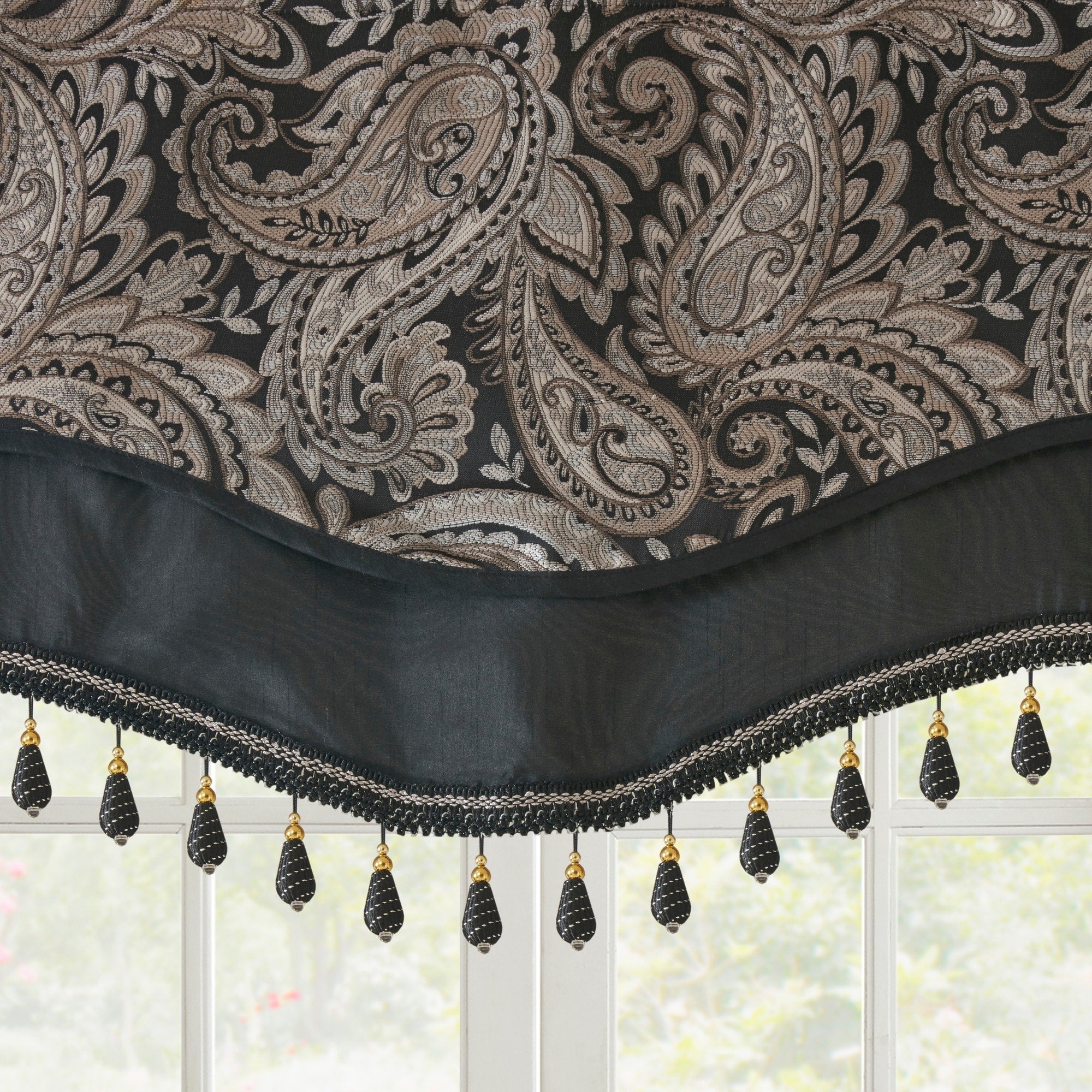 Madison Park Whitman Jacquard Window Rod Pocket Valance with Beads - 50 x 18