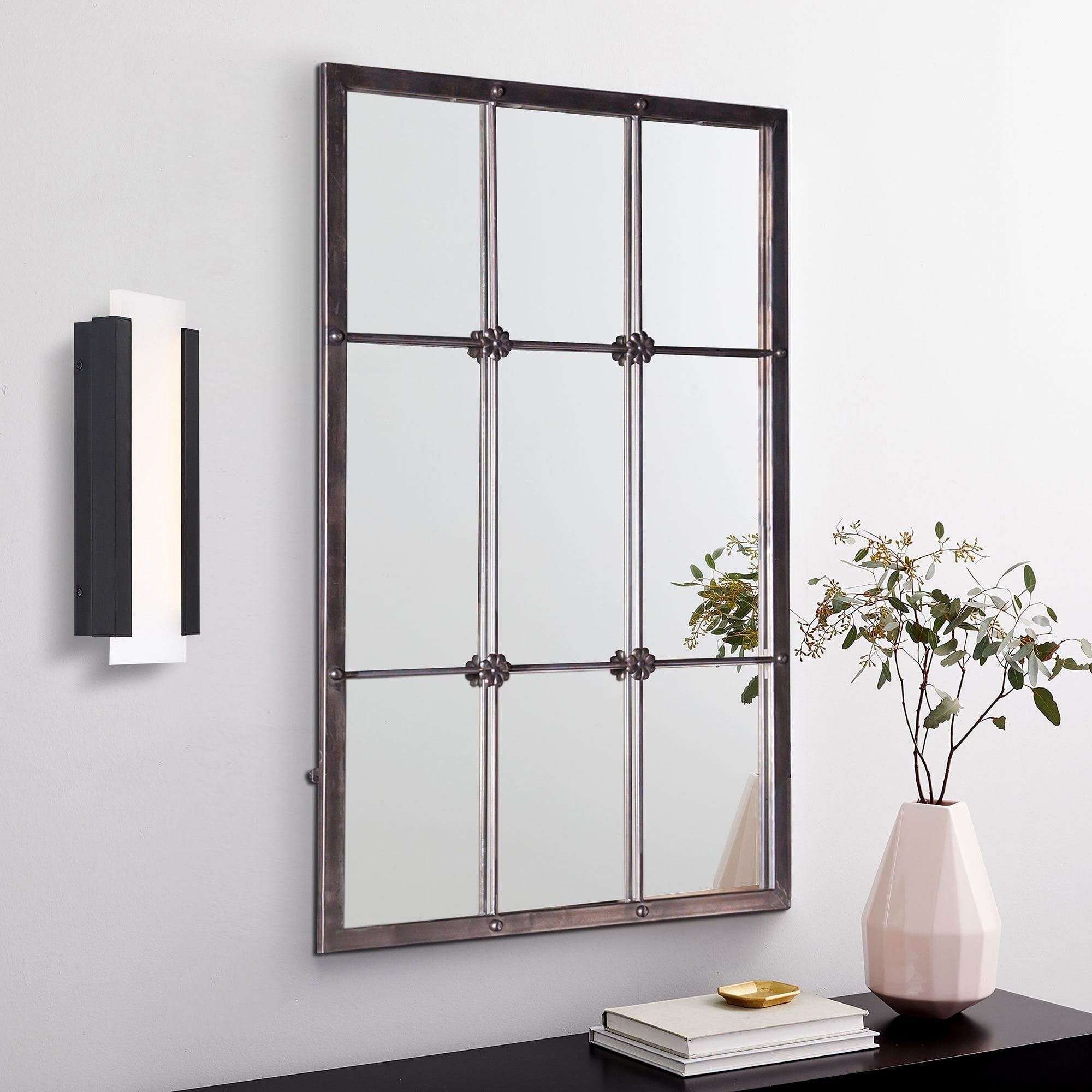 Rustic Brown Metal Frame Windowpane Accent Wall Mirror - 37.75 H x 23.8 W x 1 D