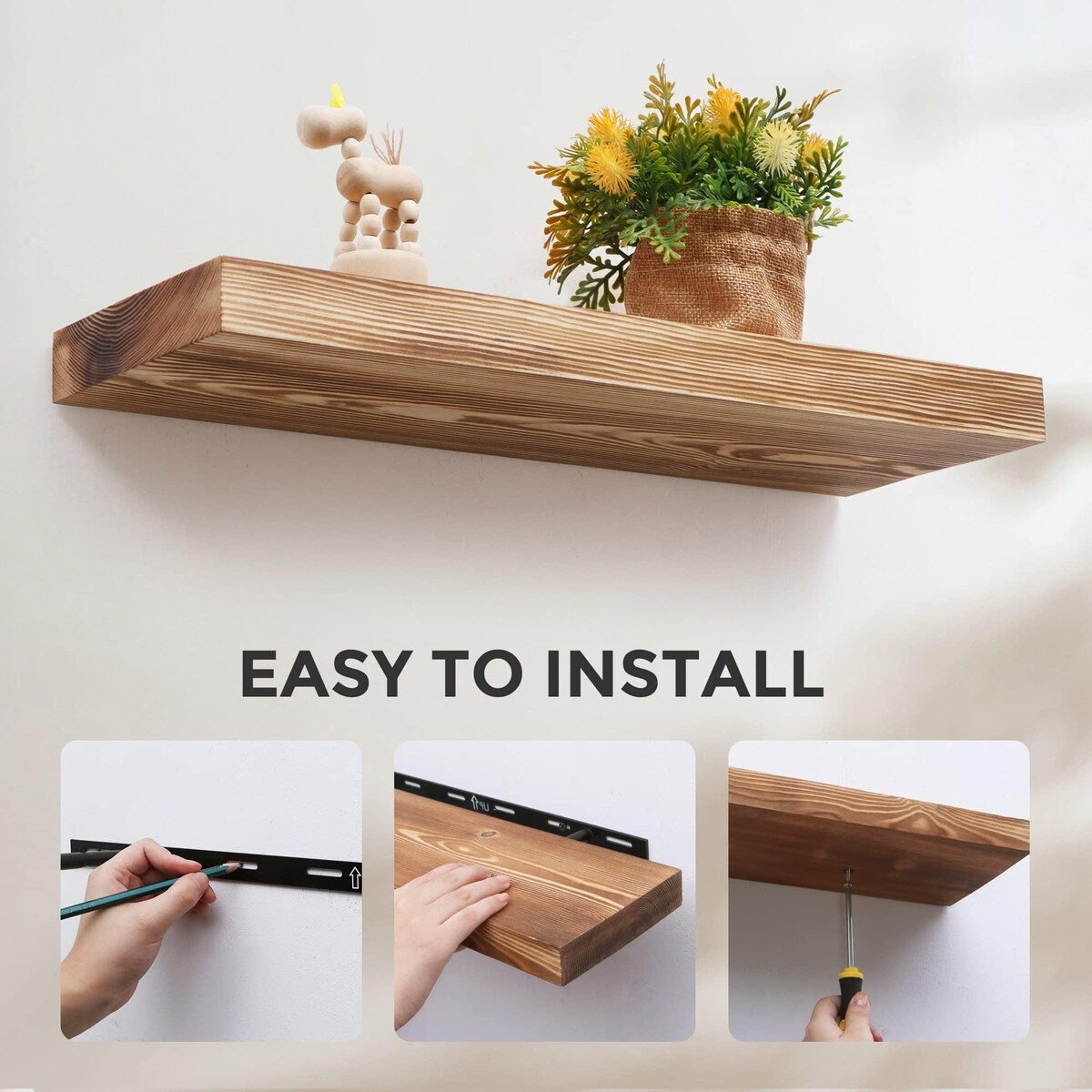 Handcrafted European Pine Natural Rustic Wooden Floating Shelves Wall Mounted Set of 2