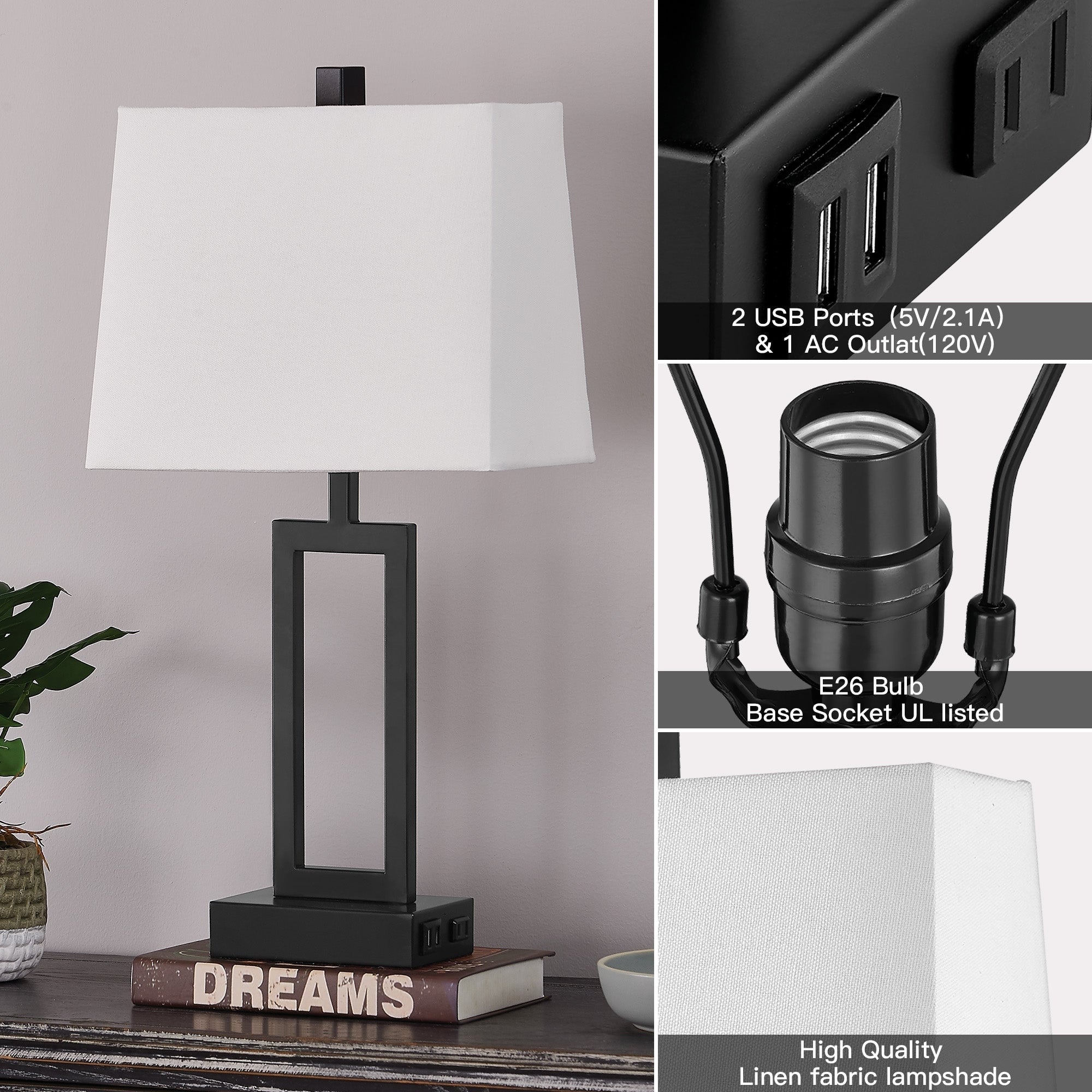 Black Metal Table Lamp with Door-frame Style White Shade Dual USB Charging Ports AC Outlet White Shade (Set of 2)