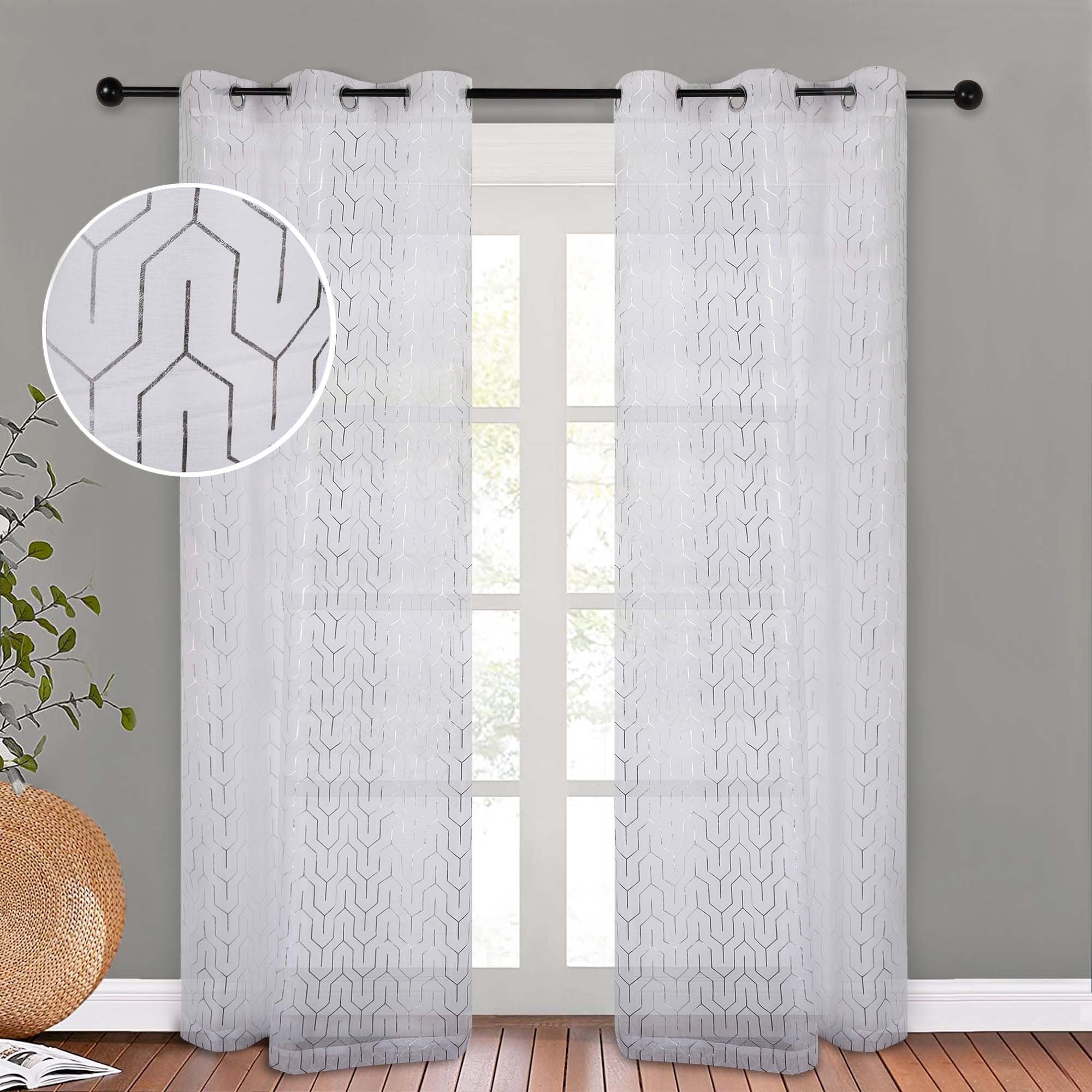 Superior Contemporary Geometric Trellis Sheer Curtains, Rod Pocket or Grommets, Set of 2