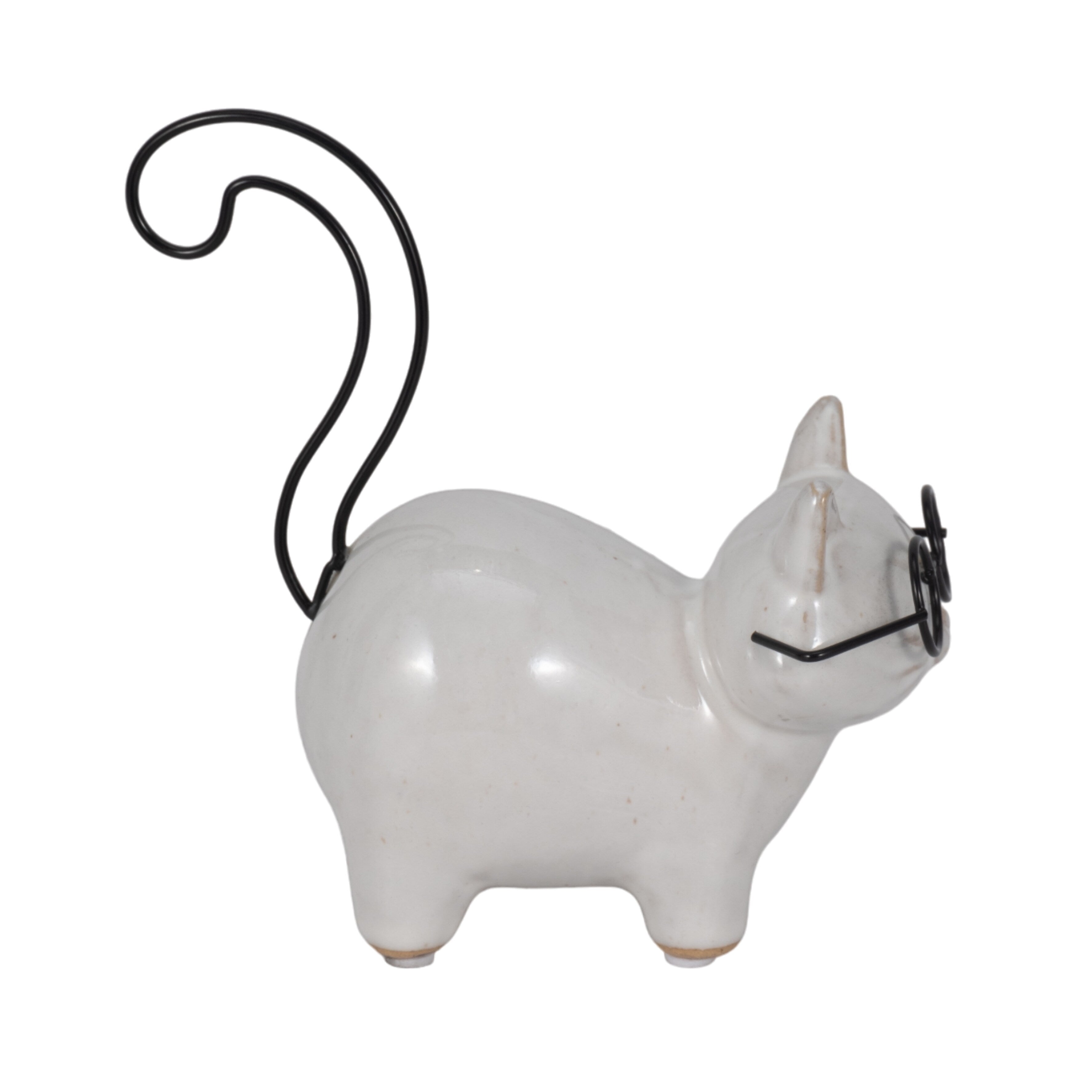 6 Ceramic Kitten with Glasses Figurine, Contemporary White and Black Standing Cat Decorative Accent For Home - 6 x 3 x 5